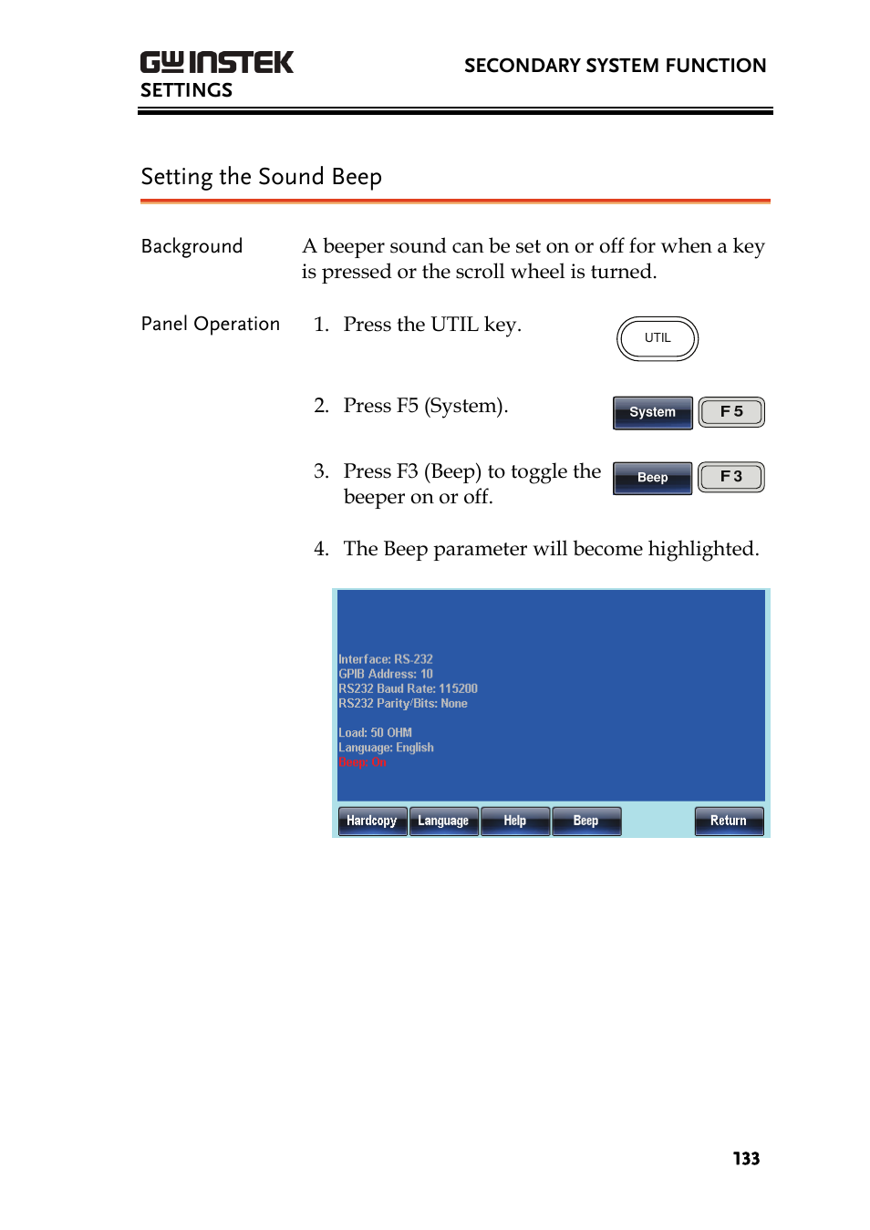 Setting the sound beep | GW Instek AFG-3000 Series User Manual | Page 133 / 304