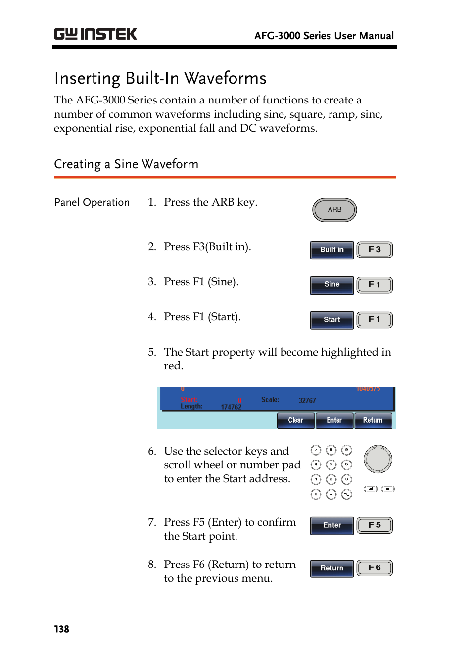 Inserting built-in waveforms, Creating a sine waveform | GW Instek AFG-3000 Series User Manual | Page 138 / 304