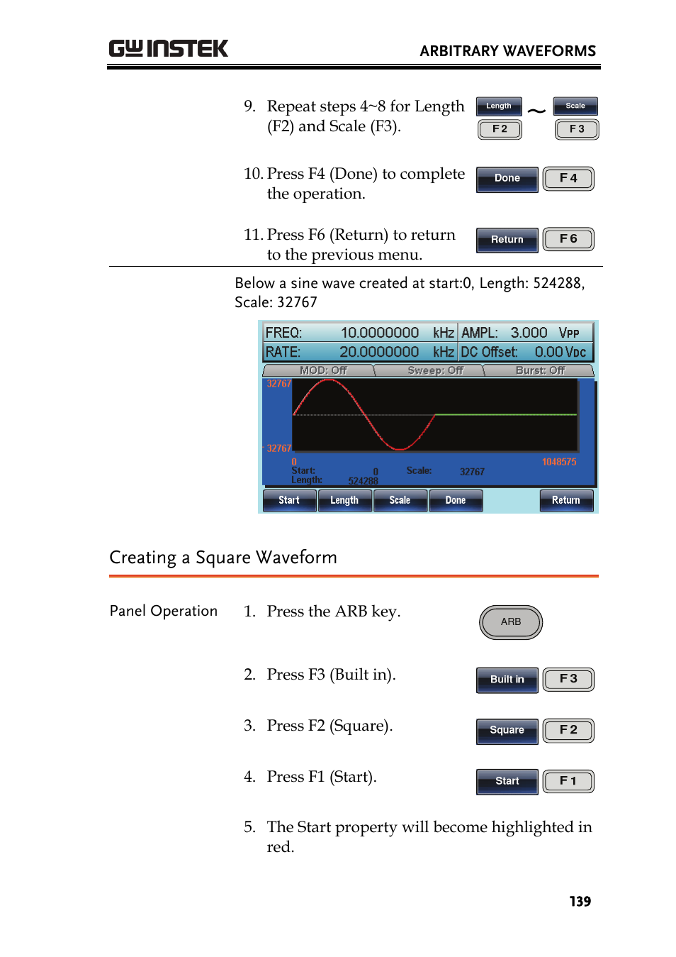 Creating a square waveform | GW Instek AFG-3000 Series User Manual | Page 139 / 304