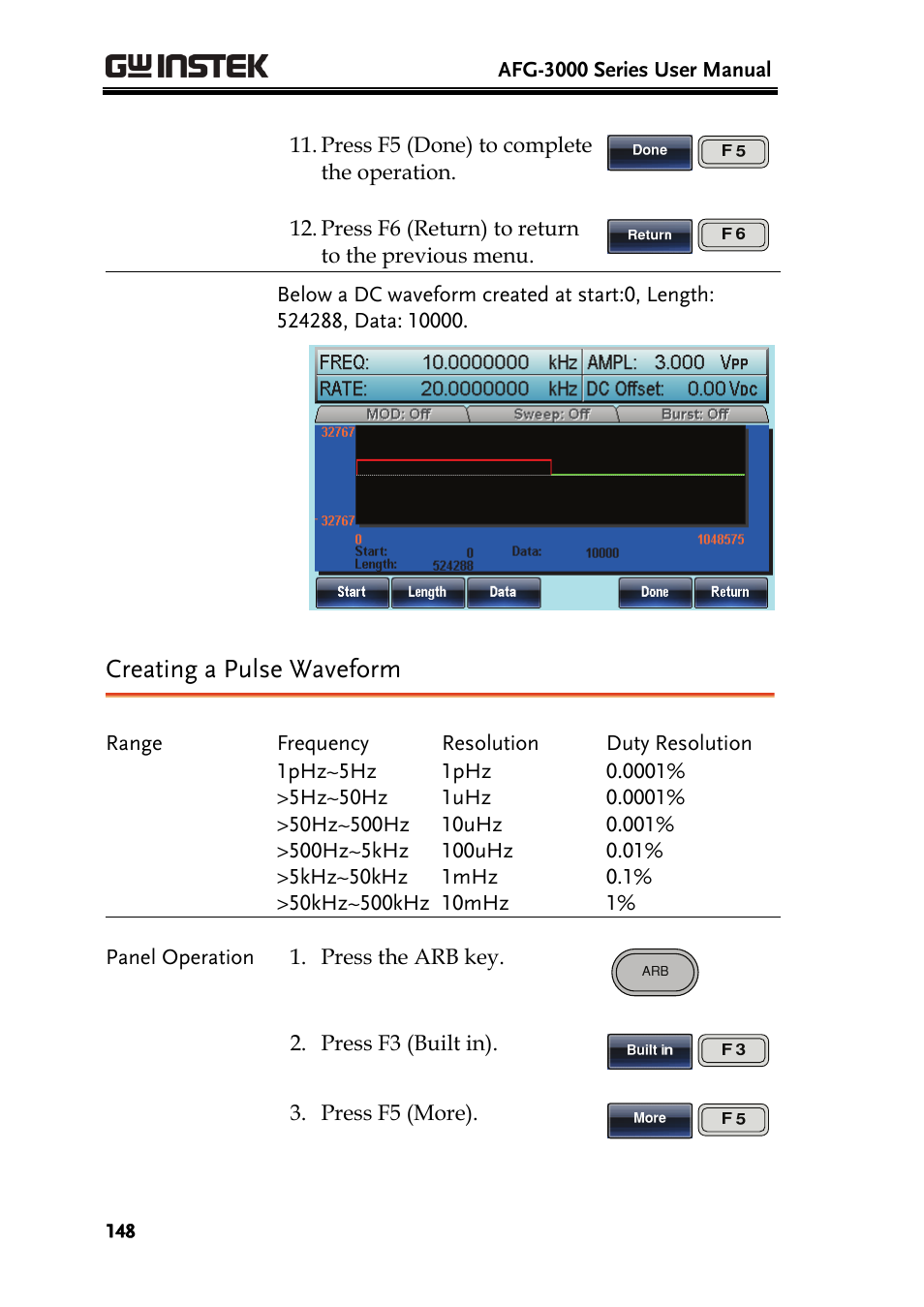 Creating a pulse waveform | GW Instek AFG-3000 Series User Manual | Page 148 / 304