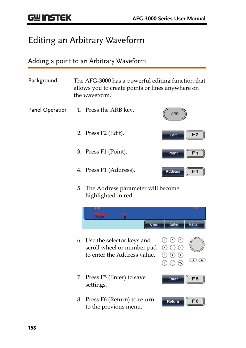 Editing an arbitrary waveform, Adding a point to an arbitrary waveform | GW Instek AFG-3000 Series User Manual | Page 158 / 304