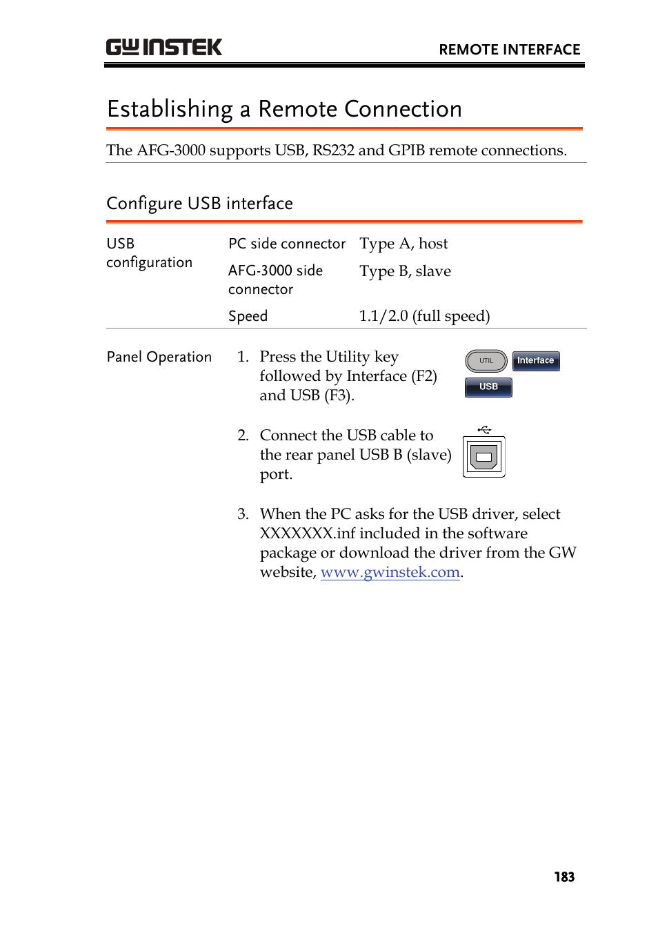 Establishing a remote connection, Configure usb interface | GW Instek AFG-3000 Series User Manual | Page 183 / 304