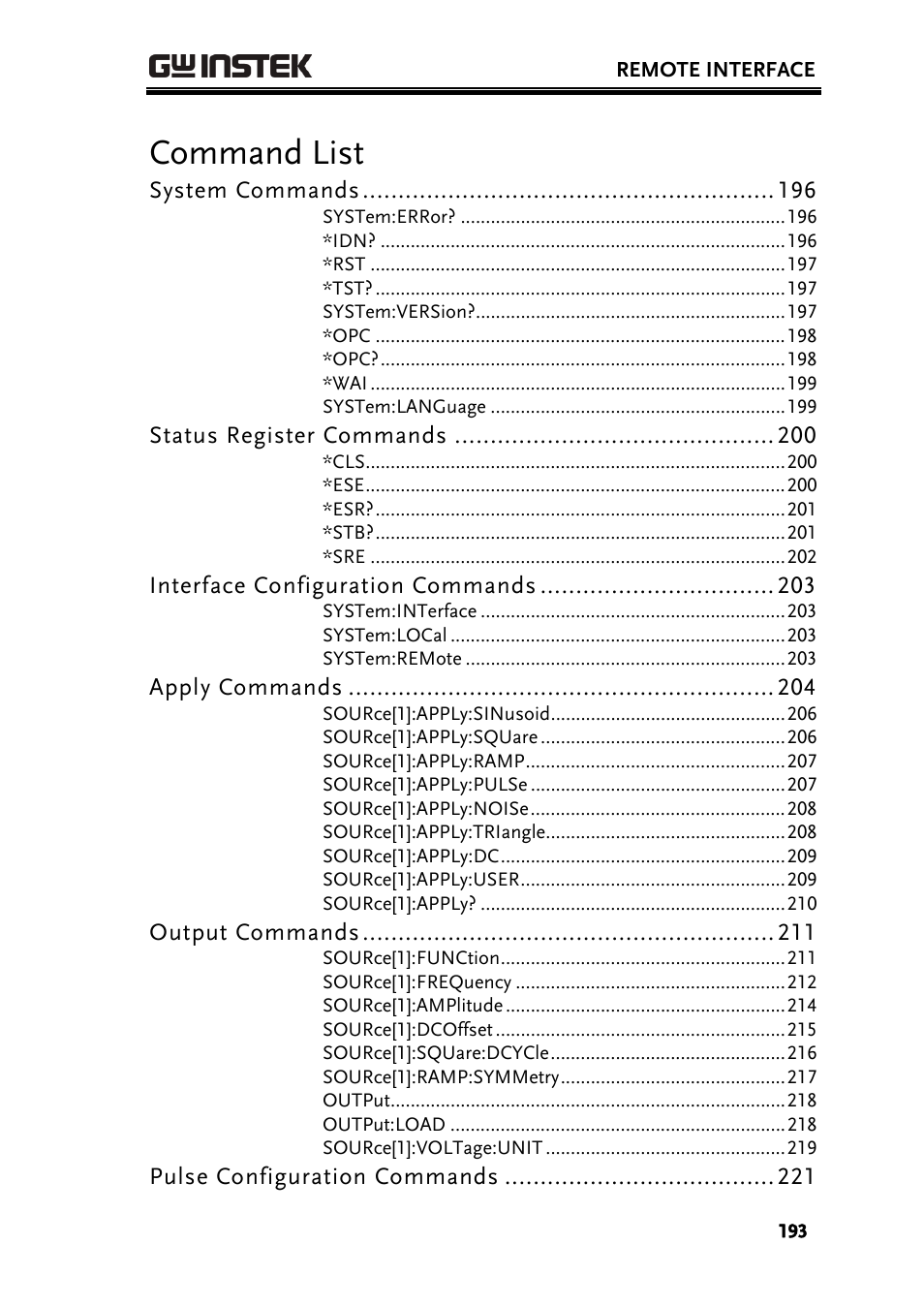 Command list | GW Instek AFG-3000 Series User Manual | Page 193 / 304