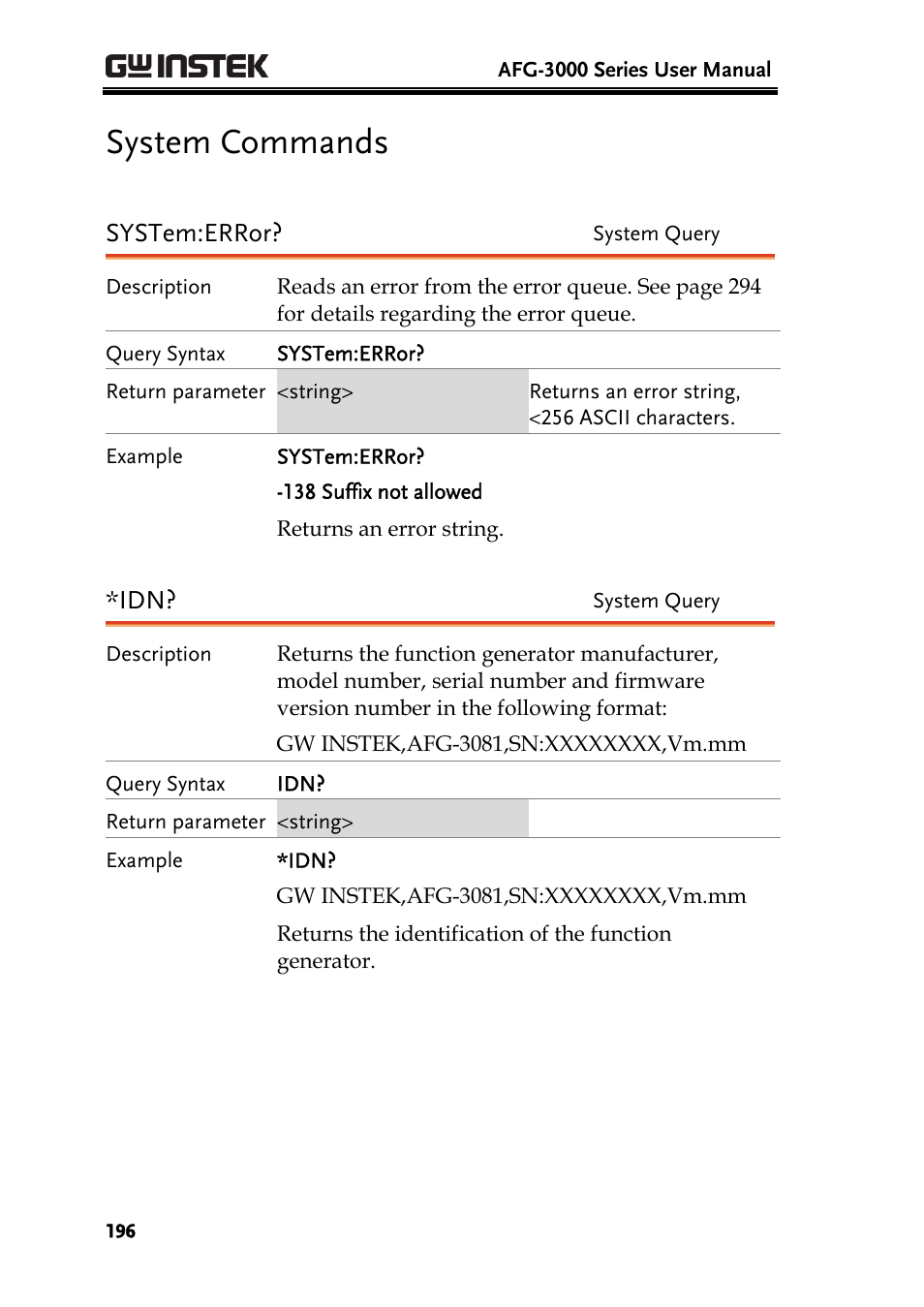 System commands, System:error | GW Instek AFG-3000 Series User Manual | Page 196 / 304