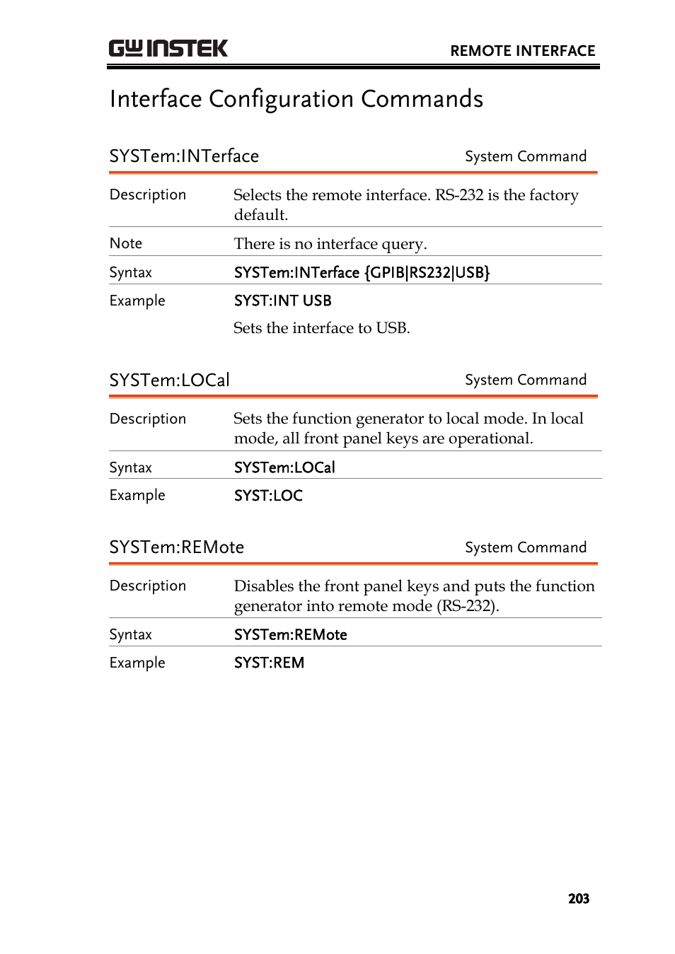 Interface configuration commands, System:interface, System:local | System:remote | GW Instek AFG-3000 Series User Manual | Page 203 / 304