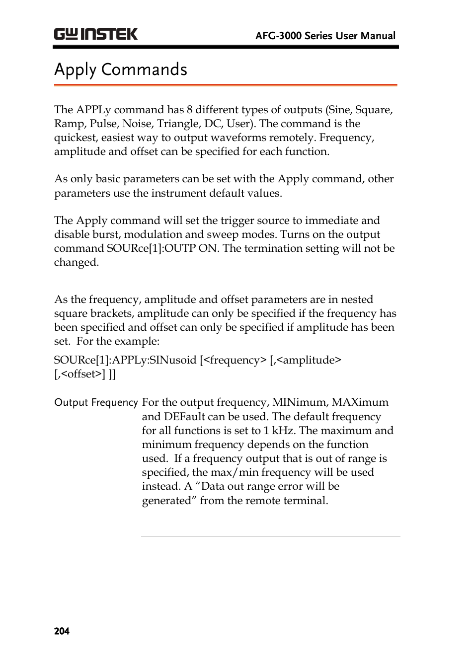 Apply commands | GW Instek AFG-3000 Series User Manual | Page 204 / 304