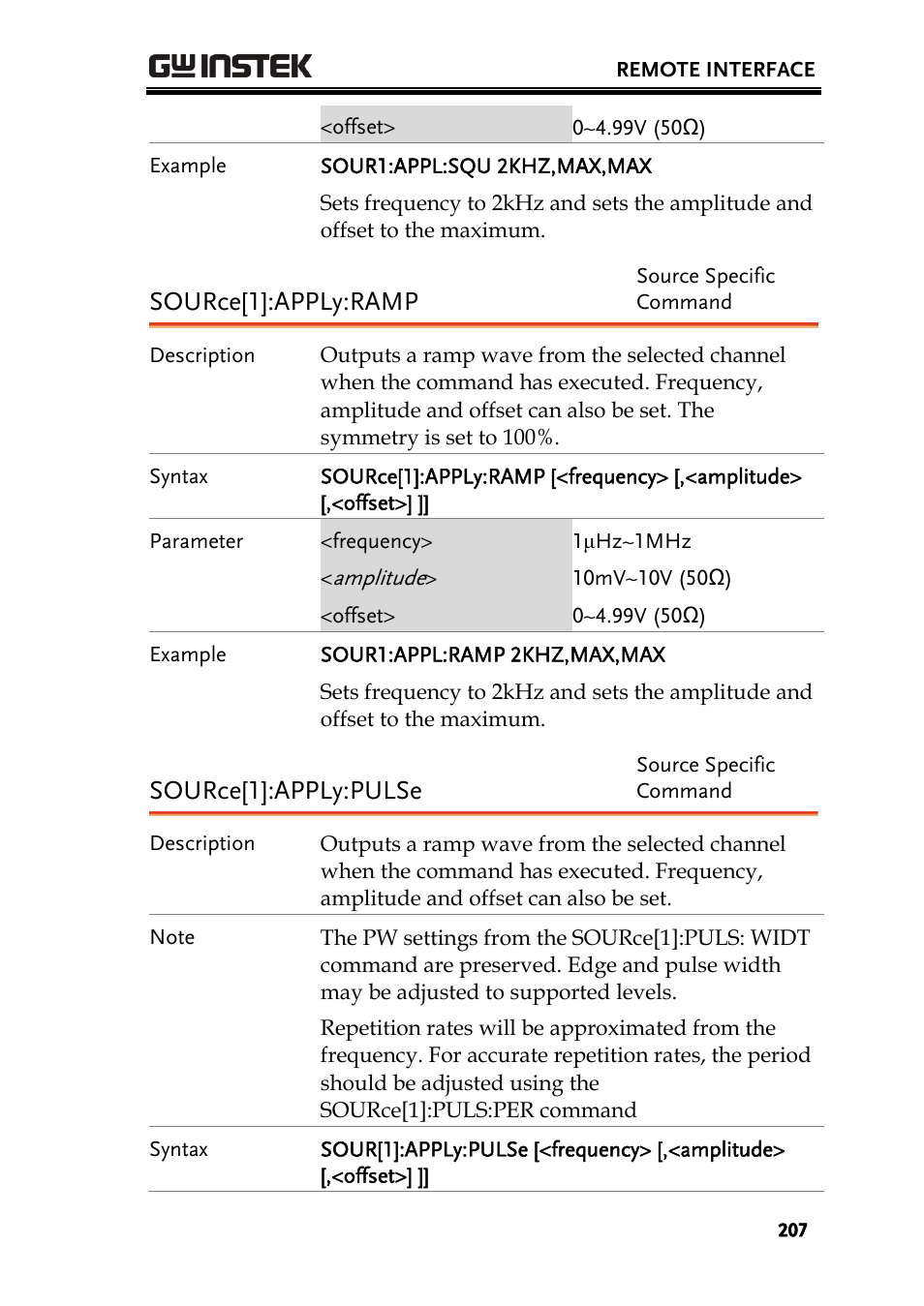 Source[1]:apply:ramp, Source[1]:apply:pulse | GW Instek AFG-3000 Series User Manual | Page 207 / 304