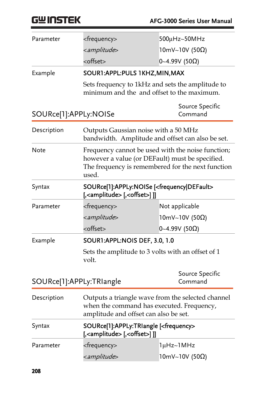 Source[1]:apply:noise, Source[1]:apply:triangle | GW Instek AFG-3000 Series User Manual | Page 208 / 304