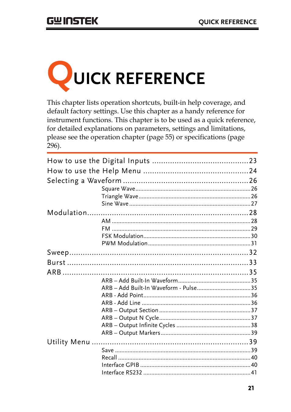 Uick reference | GW Instek AFG-3000 Series User Manual | Page 21 / 304
