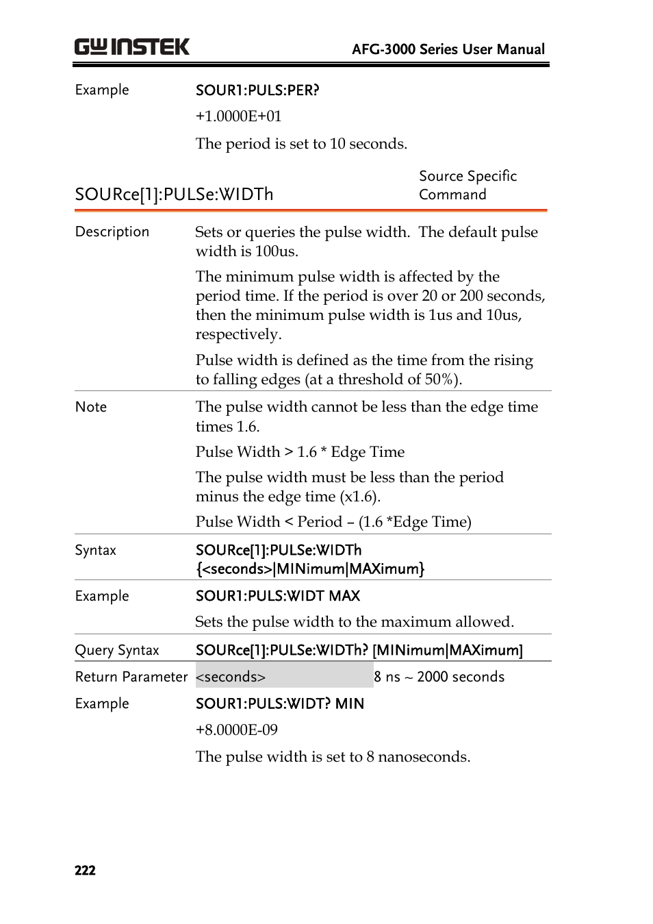 Source[1]:pulse:width | GW Instek AFG-3000 Series User Manual | Page 222 / 304