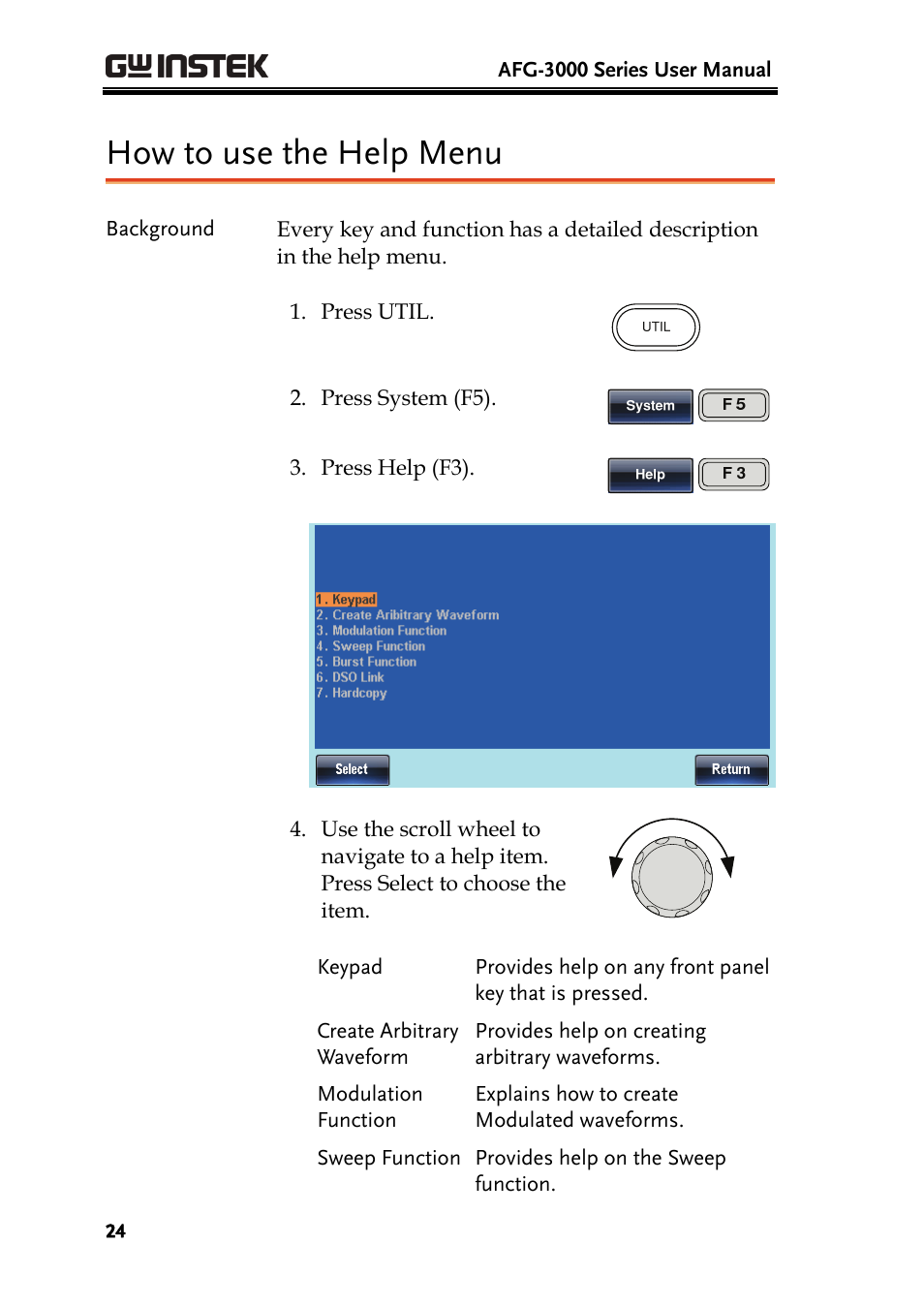 How to use the help menu | GW Instek AFG-3000 Series User Manual | Page 24 / 304