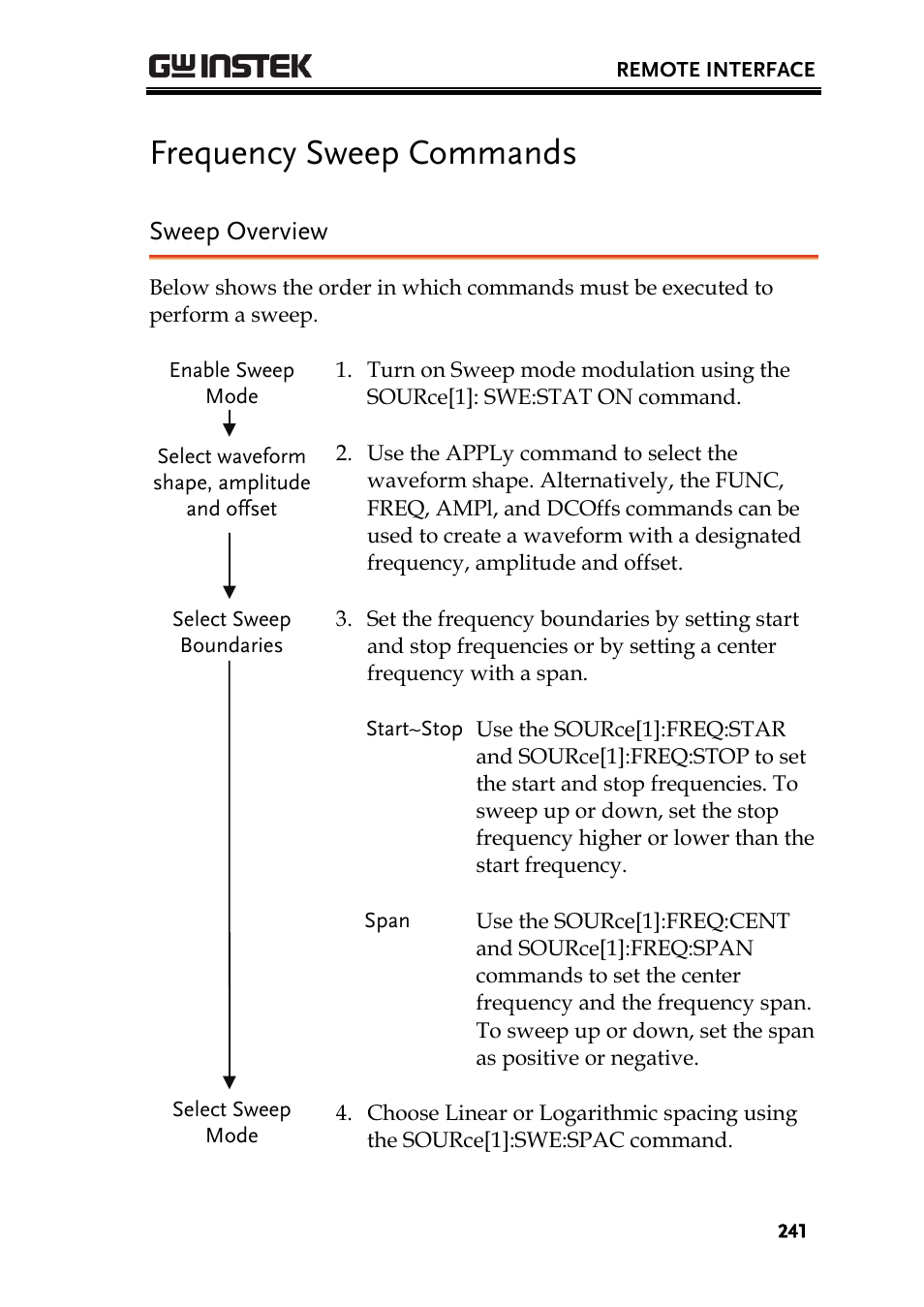 Frequency sweep commands, Sweep overview | GW Instek AFG-3000 Series User Manual | Page 241 / 304