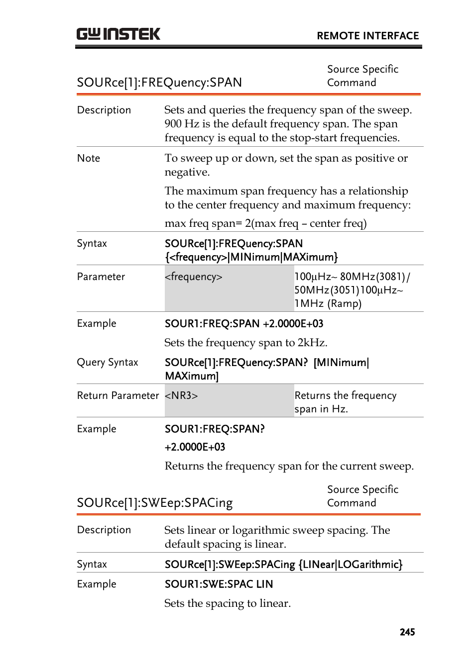 Source[1]:frequency:span, Source[1]:sweep:spacing | GW Instek AFG-3000 Series User Manual | Page 245 / 304