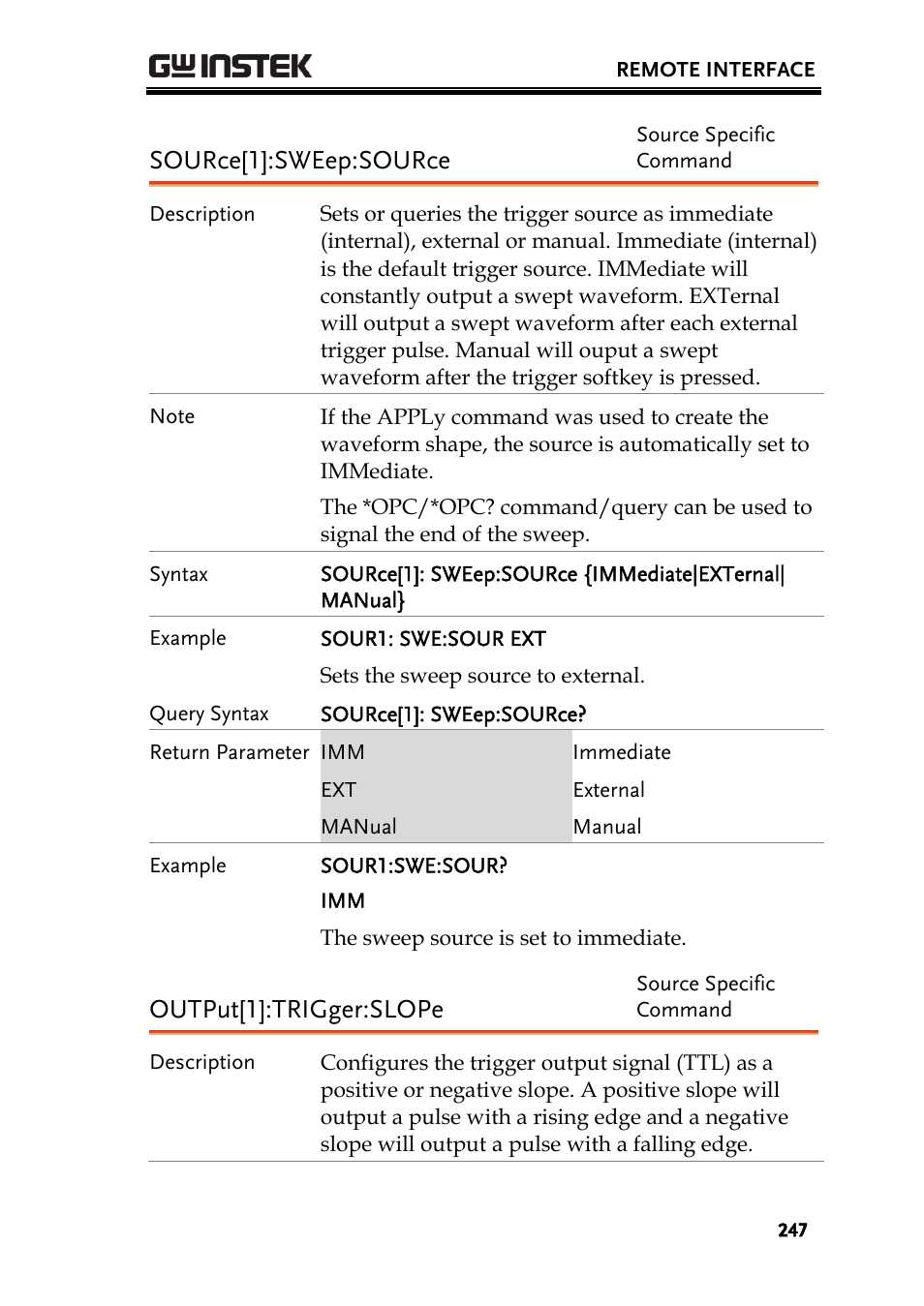 Source[1]:sweep:source, Output[1]:trigger:slope | GW Instek AFG-3000 Series User Manual | Page 247 / 304