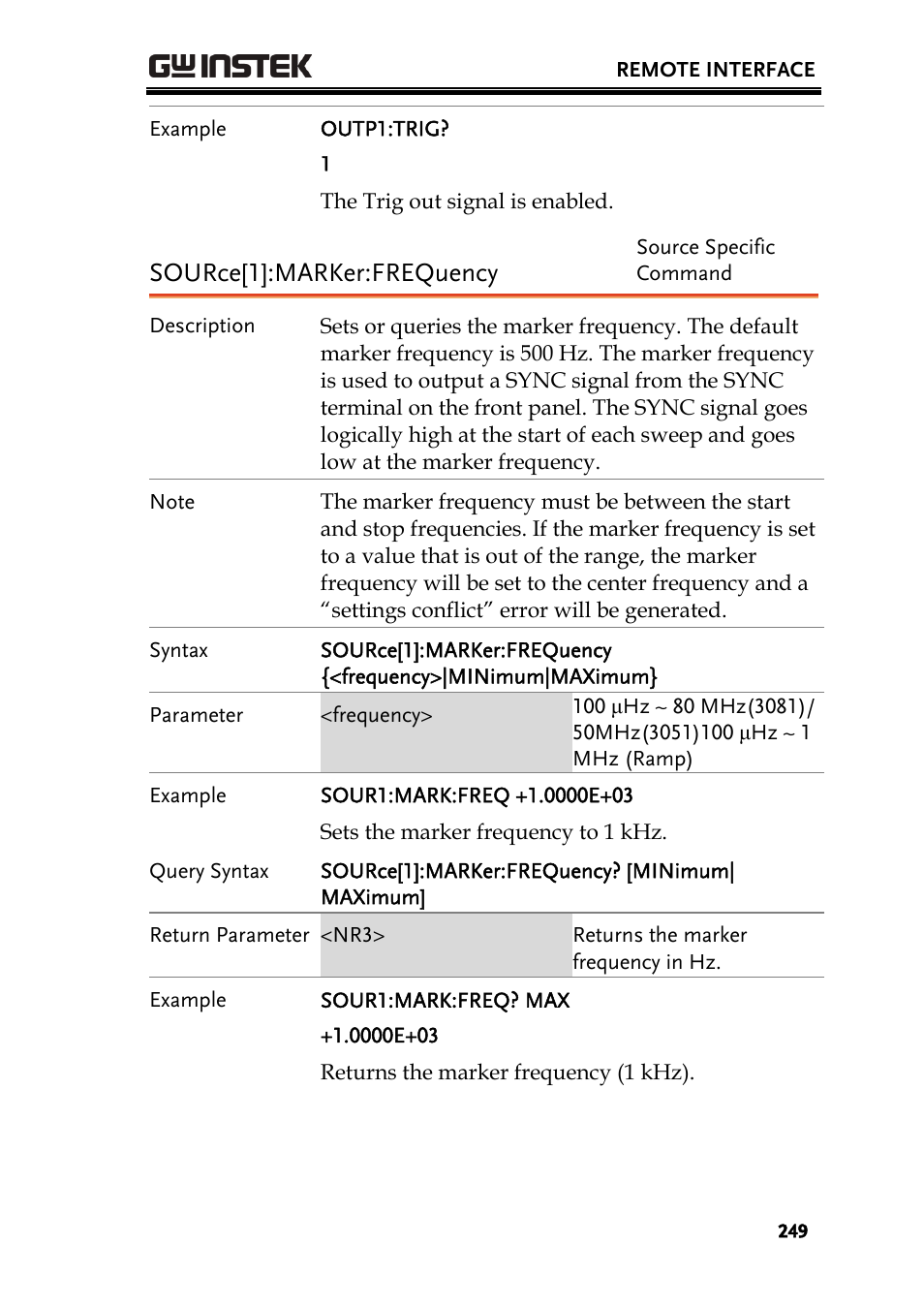 Source[1]:marker:frequency | GW Instek AFG-3000 Series User Manual | Page 249 / 304