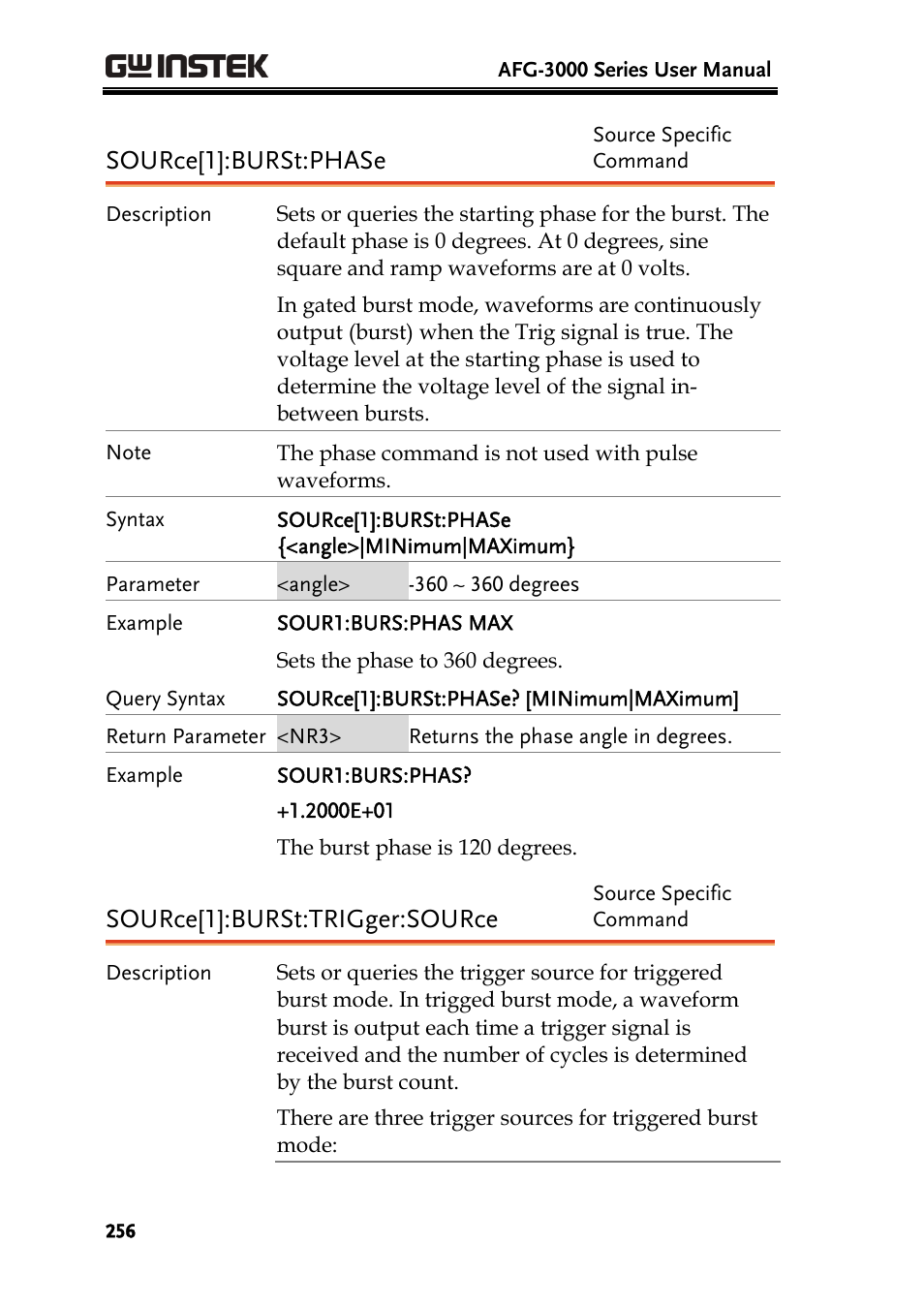 Source[1]:burst:phase, Source[1]:burst:trigger:source | GW Instek AFG-3000 Series User Manual | Page 256 / 304