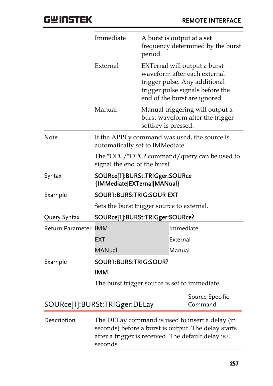 Source[1]:burst:trigger:delay | GW Instek AFG-3000 Series User Manual | Page 257 / 304