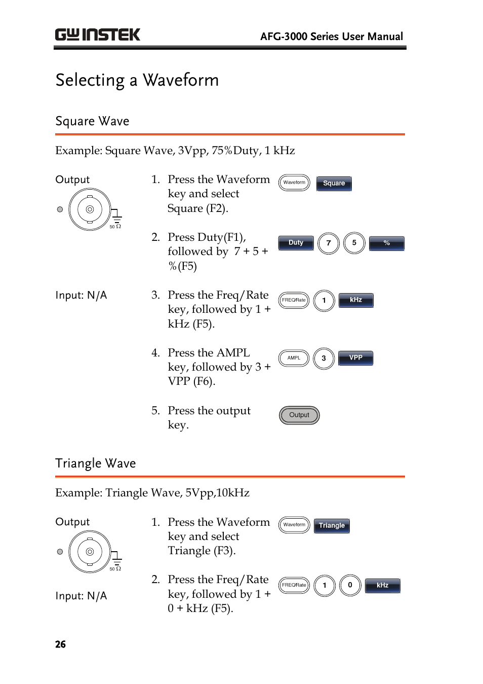 Selecting a waveform, Square wave, Triangle wave | GW Instek AFG-3000 Series User Manual | Page 26 / 304