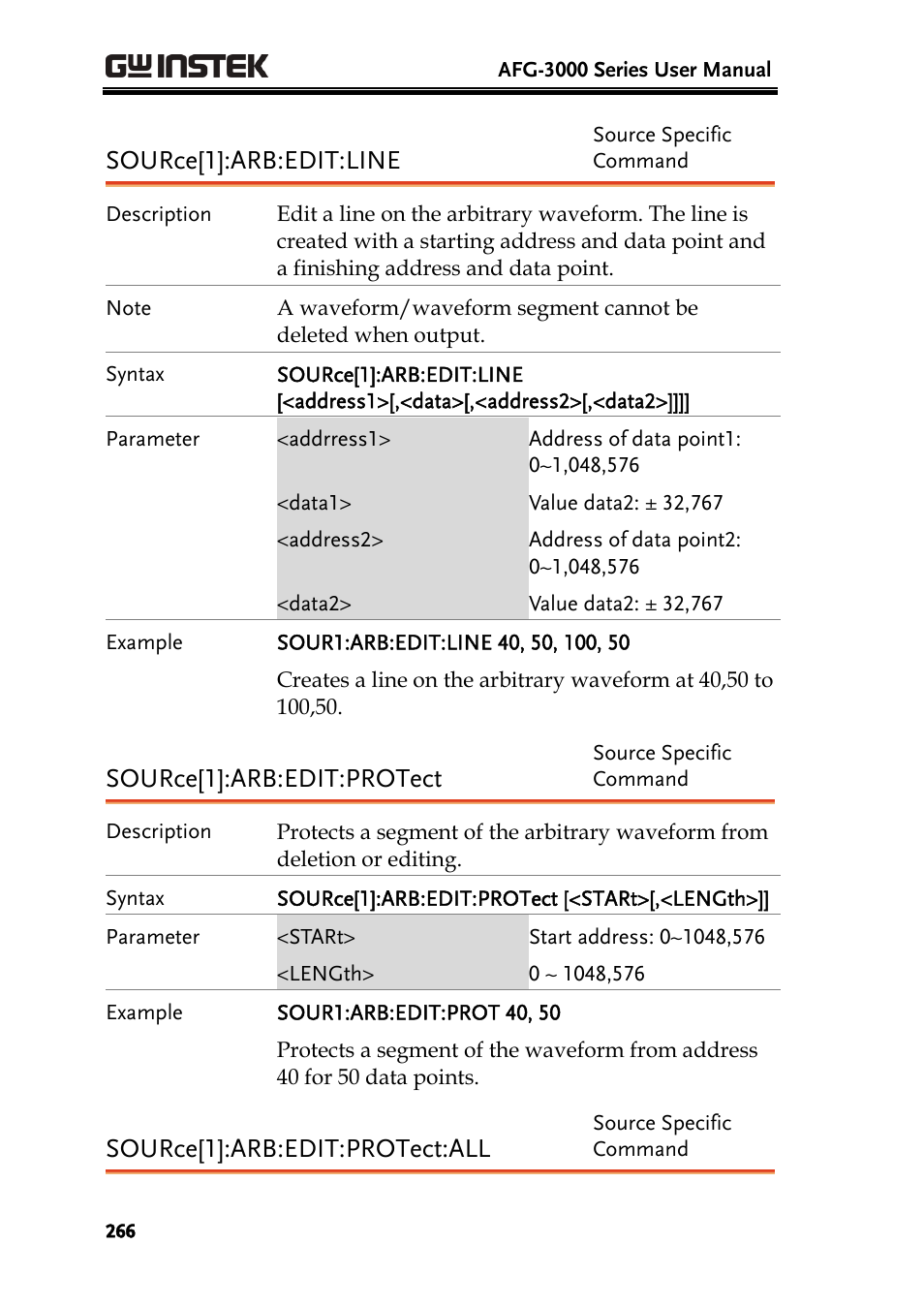 Source[1]:arb:edit:line, Source[1]:arb:edit:protect, Source[1]:arb:edit:protect:all | GW Instek AFG-3000 Series User Manual | Page 266 / 304