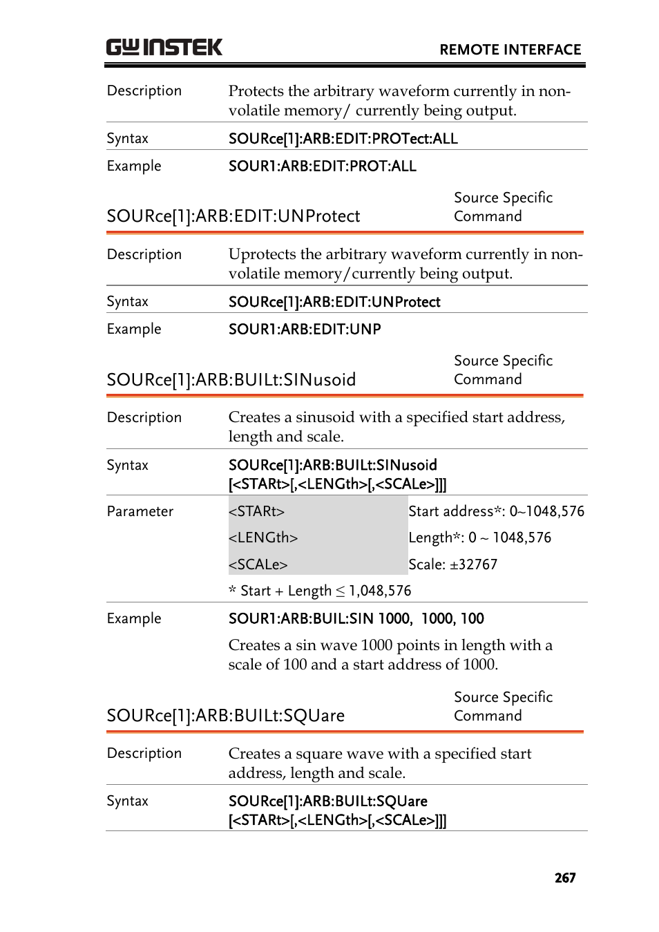 Source[1]:arb:edit:unprotect, Source[1]:arb:built:sinusoid, Source[1]:arb:built:square | GW Instek AFG-3000 Series User Manual | Page 267 / 304