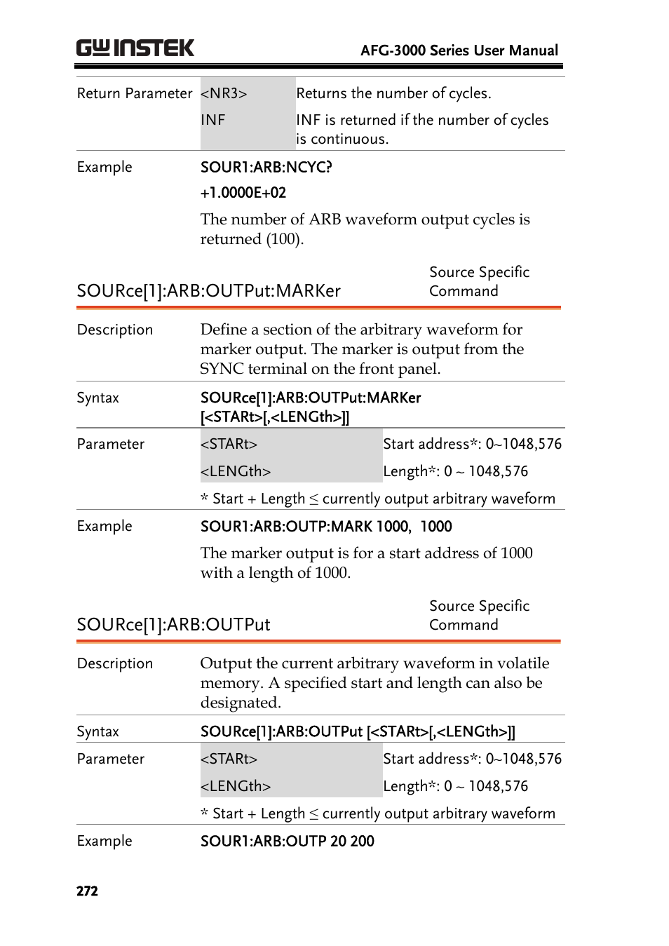 Source[1]:arb:output:marker, Source[1]:arb:output | GW Instek AFG-3000 Series User Manual | Page 272 / 304