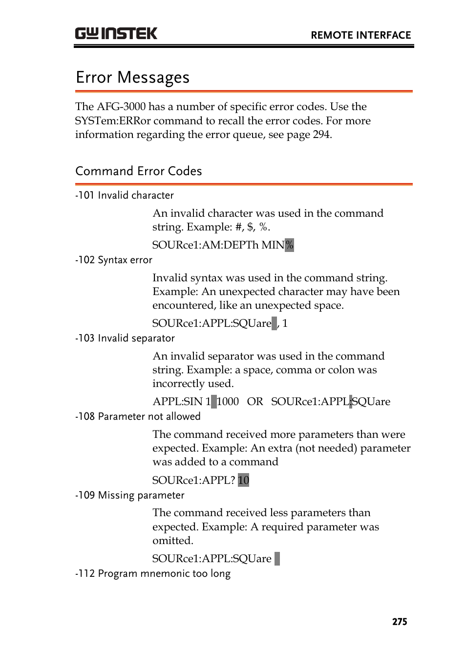 Error messages, Command error codes | GW Instek AFG-3000 Series User Manual | Page 275 / 304