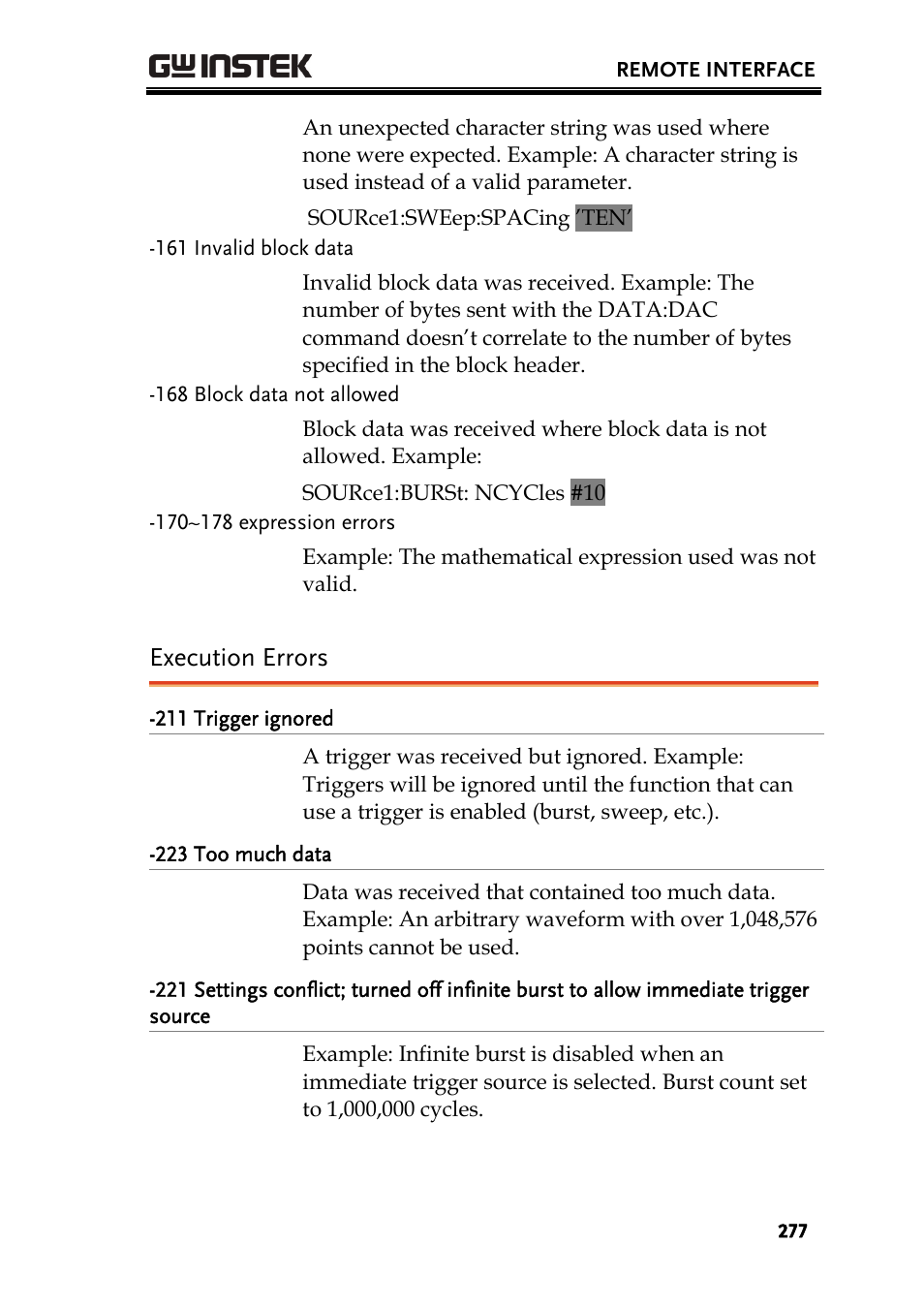 Execution errors | GW Instek AFG-3000 Series User Manual | Page 277 / 304
