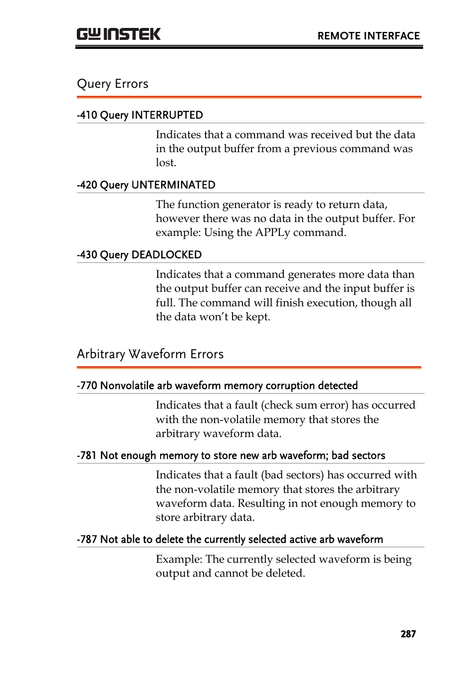 Query errors, Arbitrary waveform errors | GW Instek AFG-3000 Series User Manual | Page 287 / 304