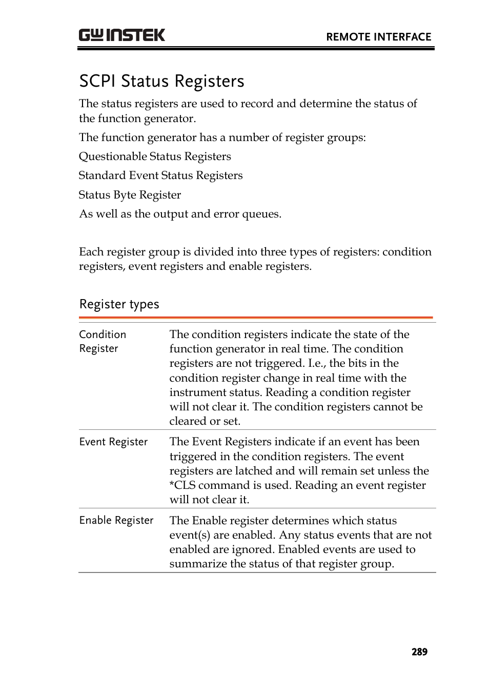 Scpi status registers, Register types | GW Instek AFG-3000 Series User Manual | Page 289 / 304