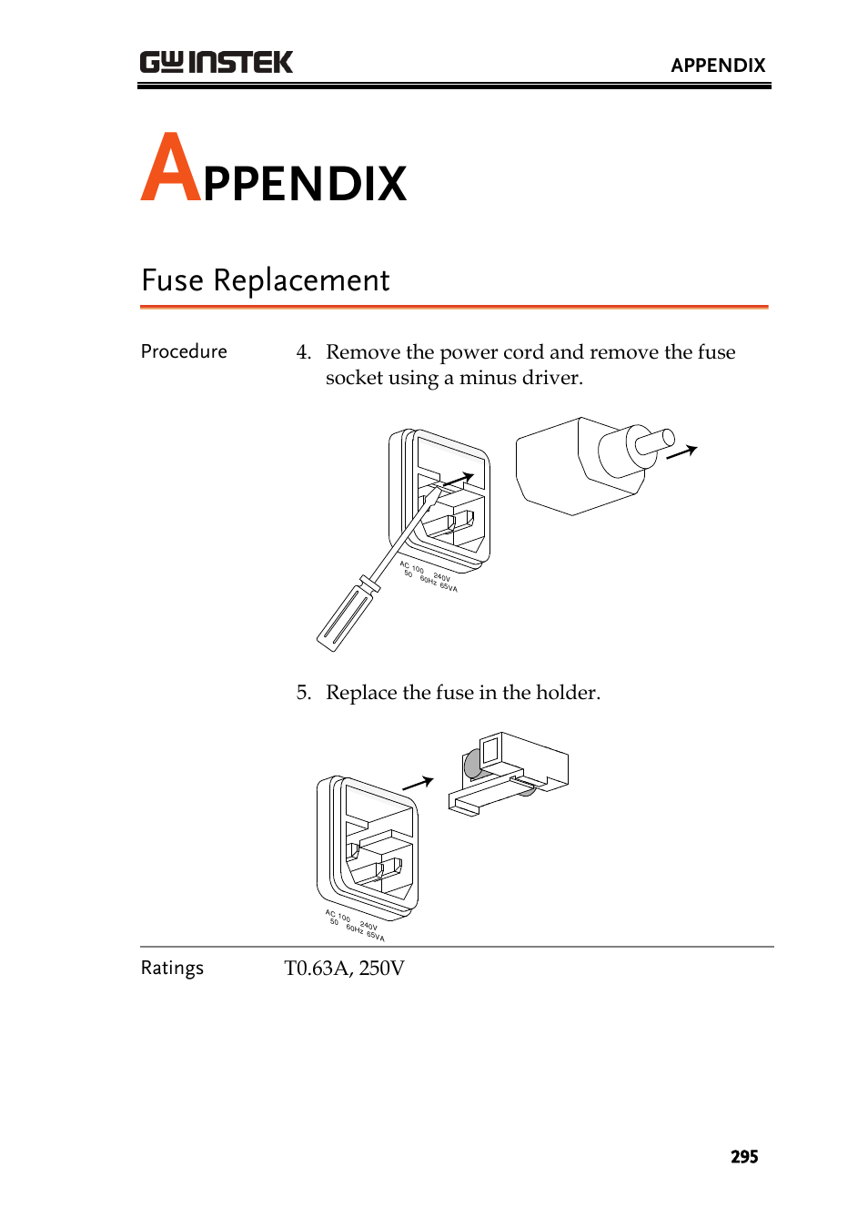 Ppendix, Fuse replacement | GW Instek AFG-3000 Series User Manual | Page 295 / 304