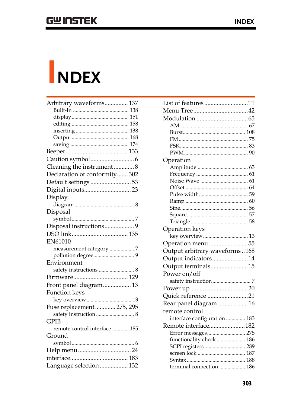 Ndex | GW Instek AFG-3000 Series User Manual | Page 303 / 304