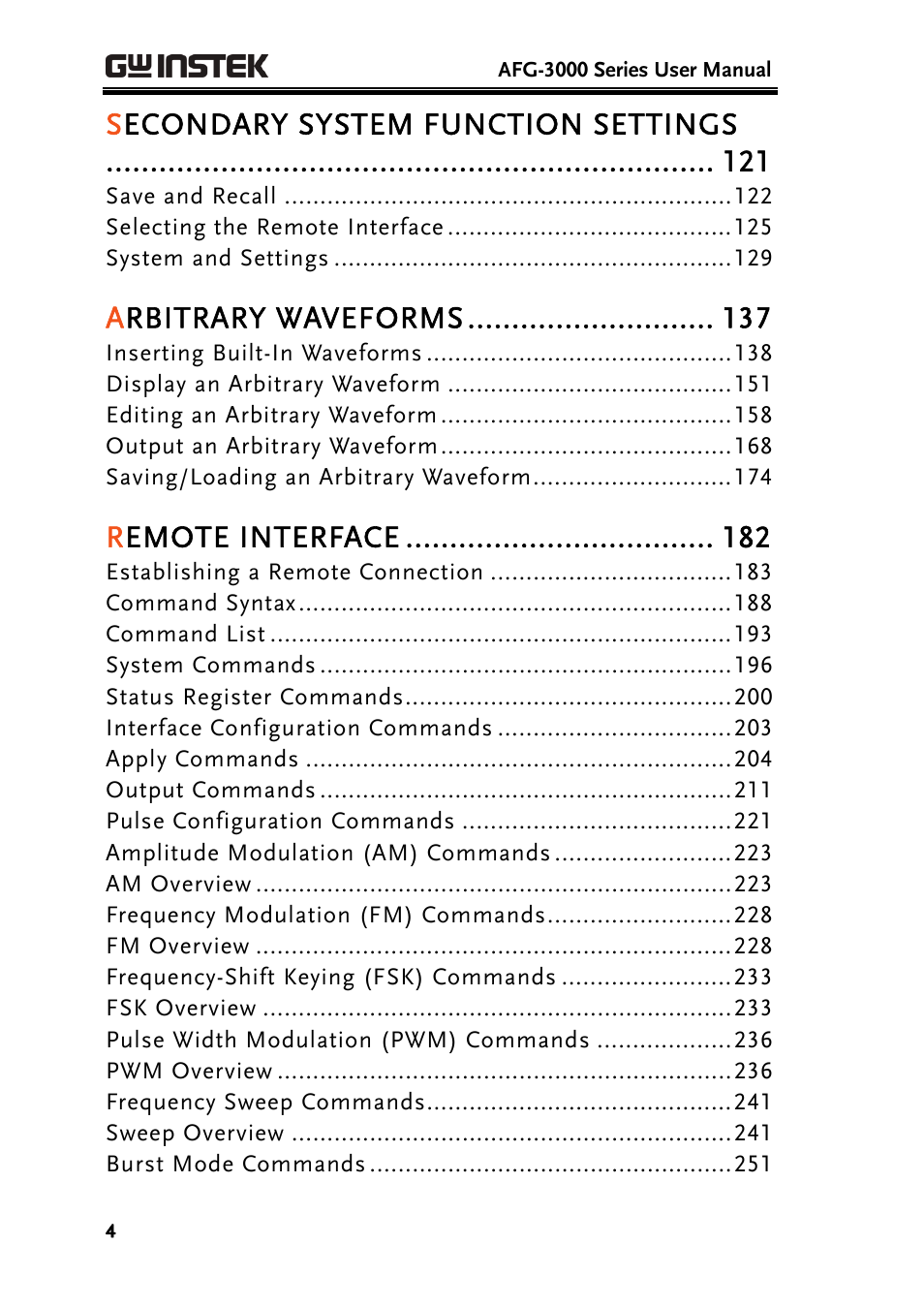 Secondary system function settings, Arbitrary waveforms, Remote interface | GW Instek AFG-3000 Series User Manual | Page 4 / 304