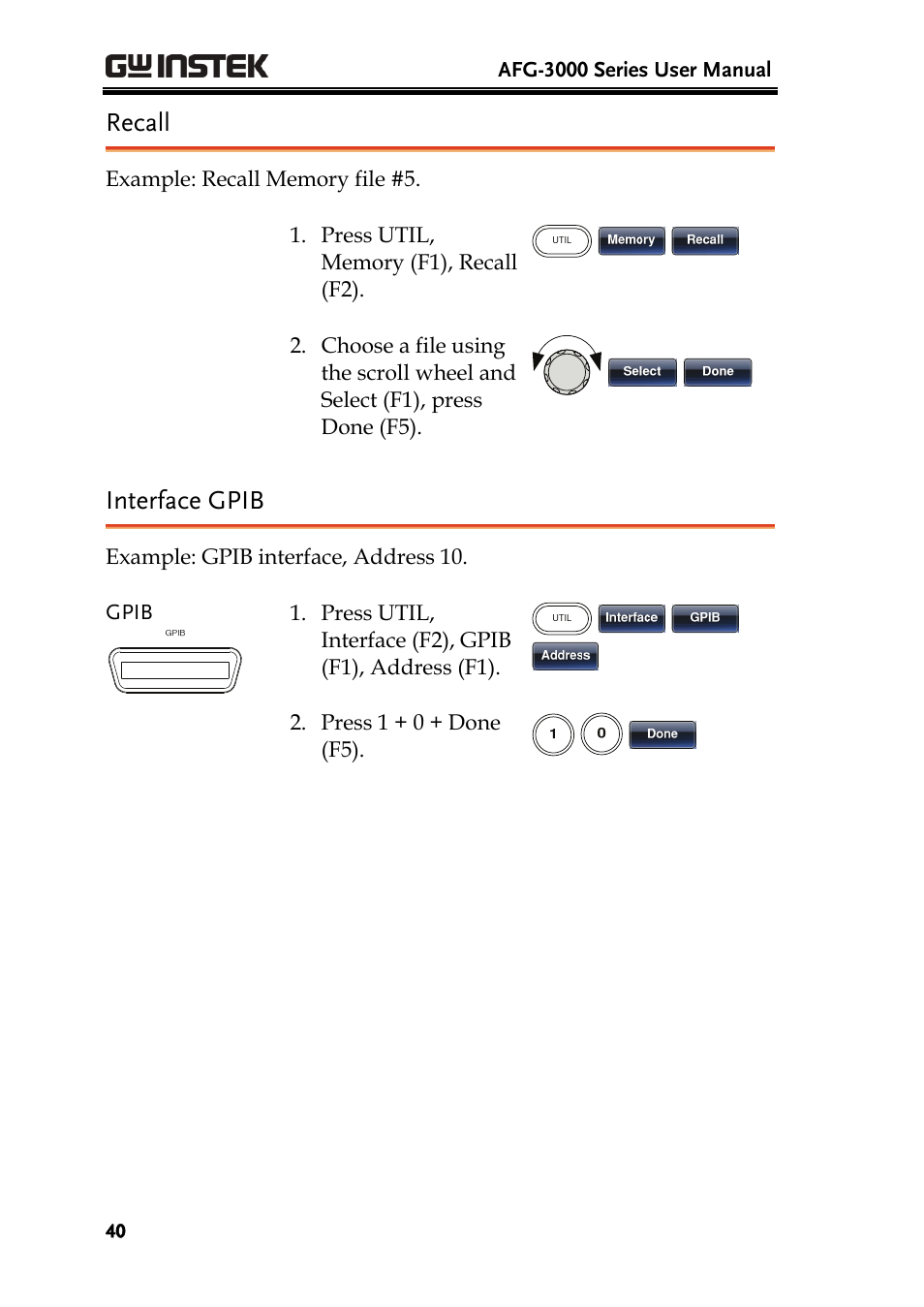 Recall, Interface gpib | GW Instek AFG-3000 Series User Manual | Page 40 / 304