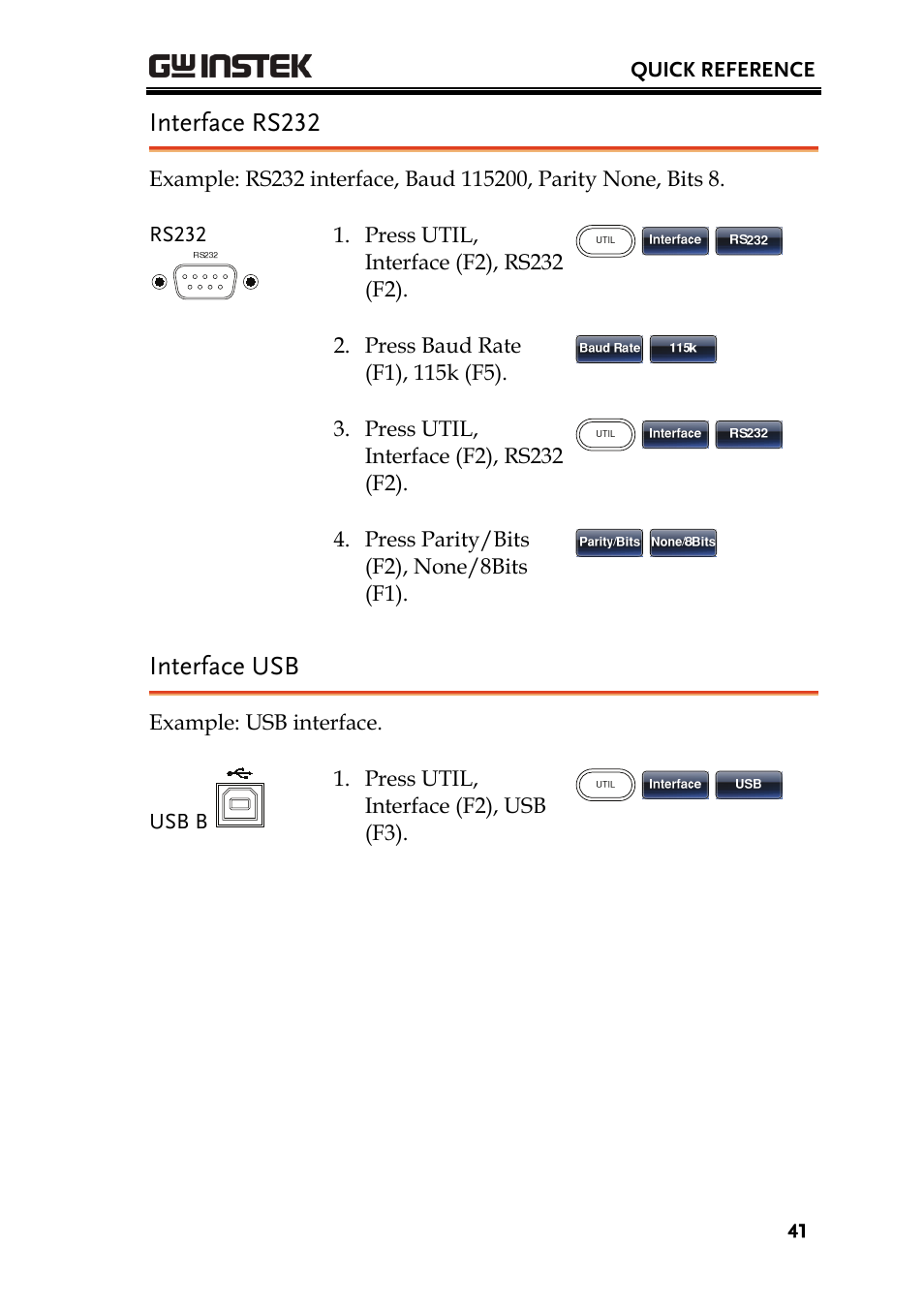 Interface rs232, Interface usb | GW Instek AFG-3000 Series User Manual | Page 41 / 304