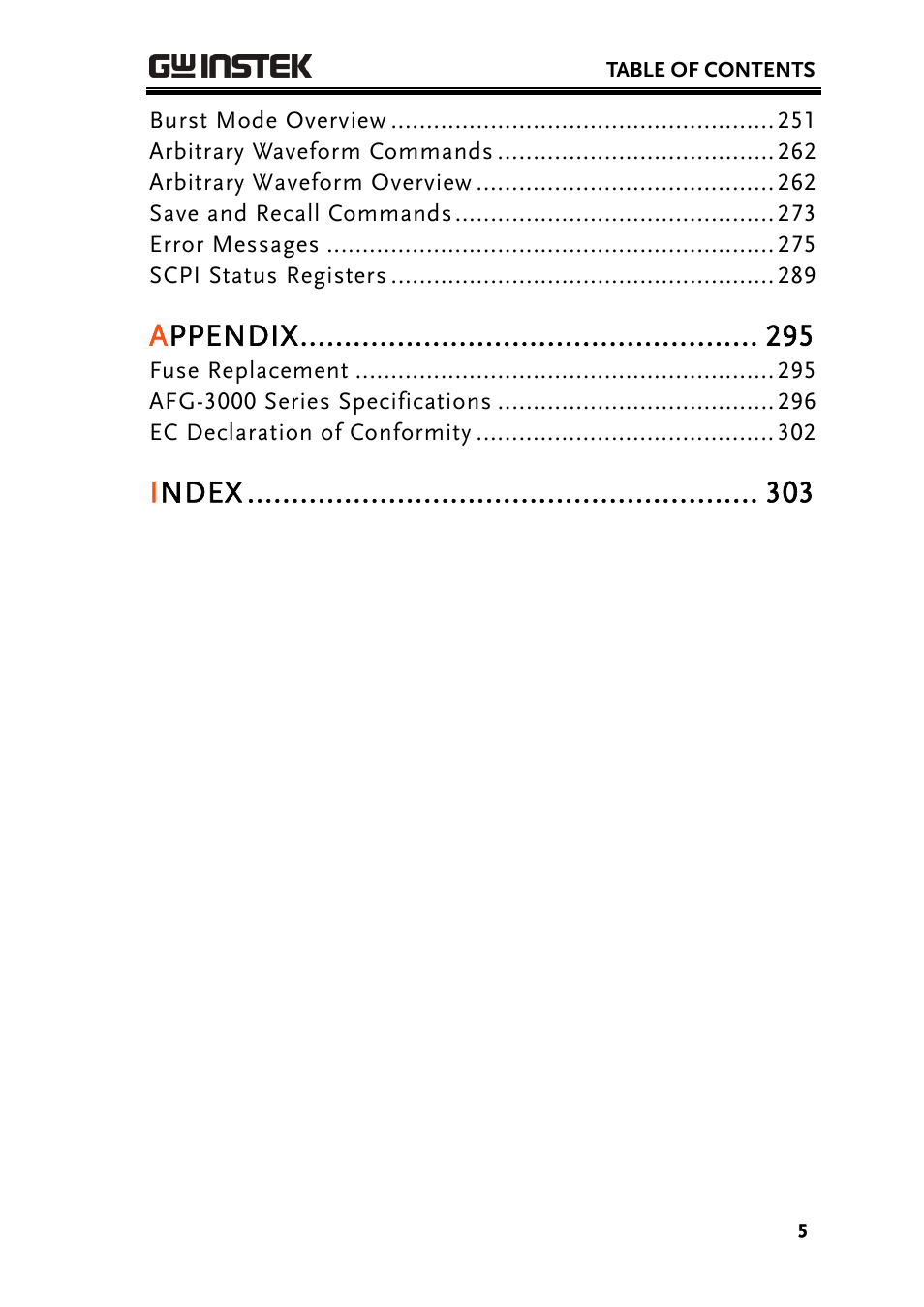 Appendix, Index | GW Instek AFG-3000 Series User Manual | Page 5 / 304