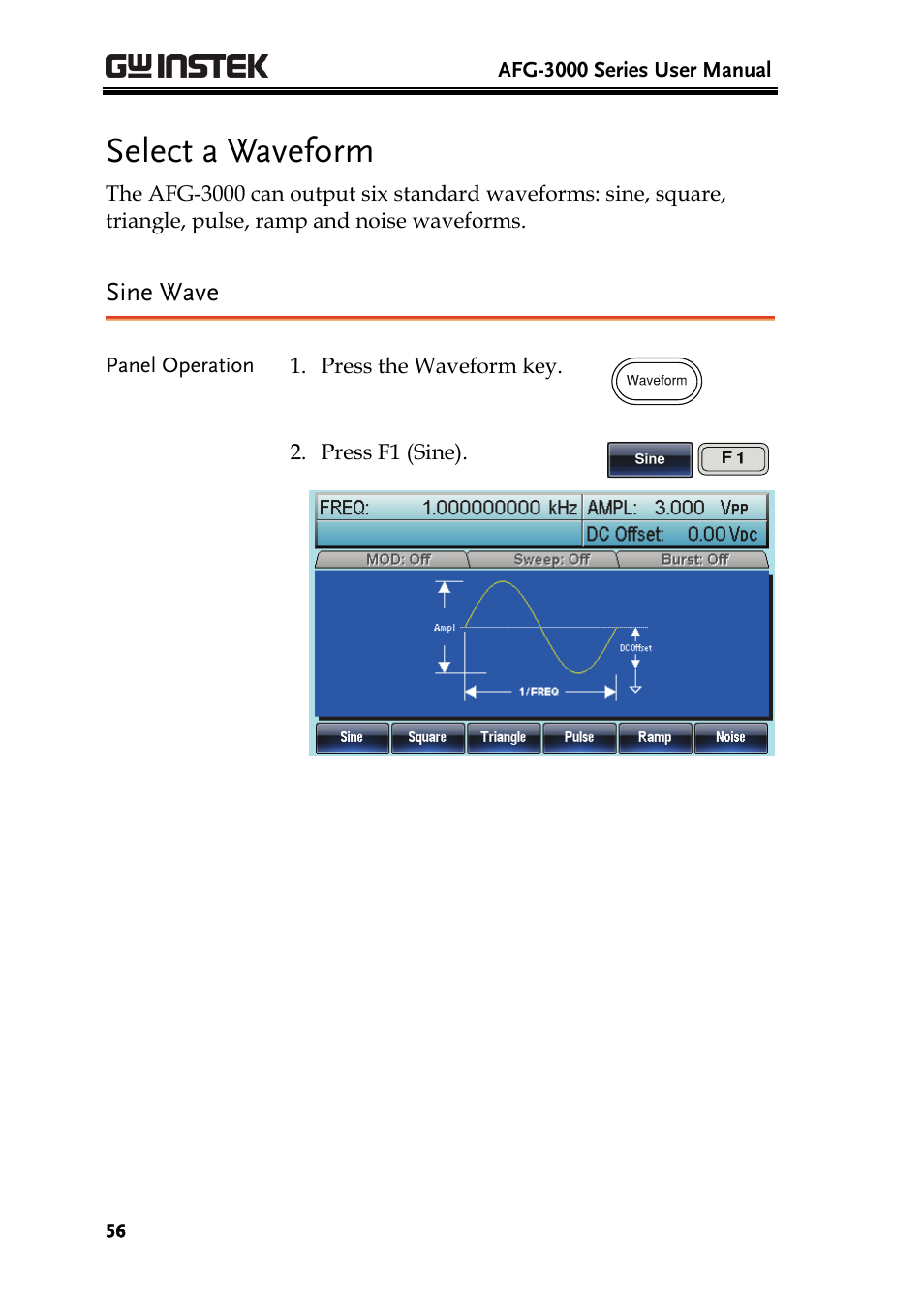 Select a waveform, Sine wave | GW Instek AFG-3000 Series User Manual | Page 56 / 304
