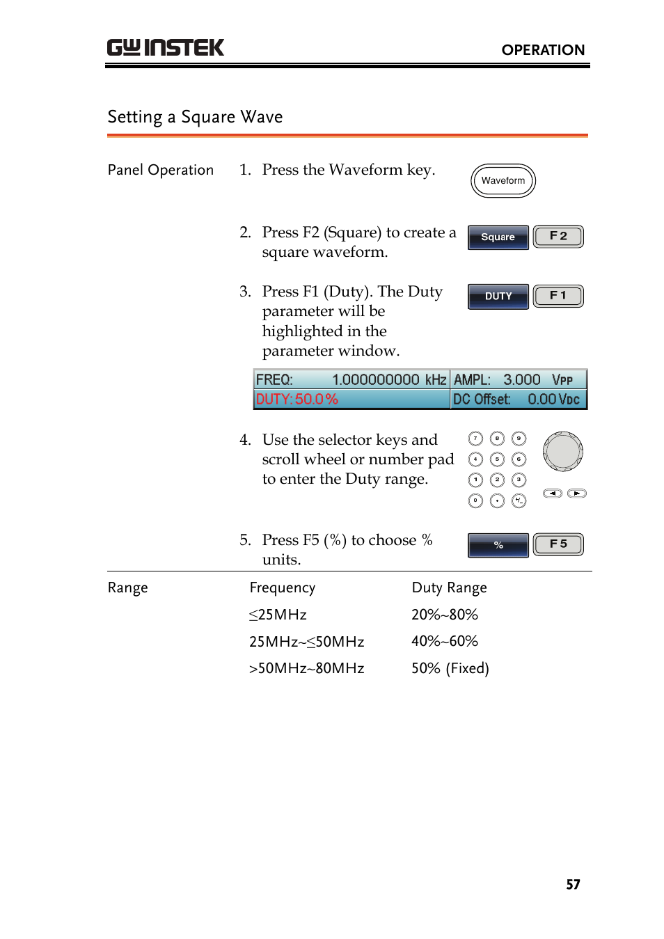 Setting a square wave | GW Instek AFG-3000 Series User Manual | Page 57 / 304