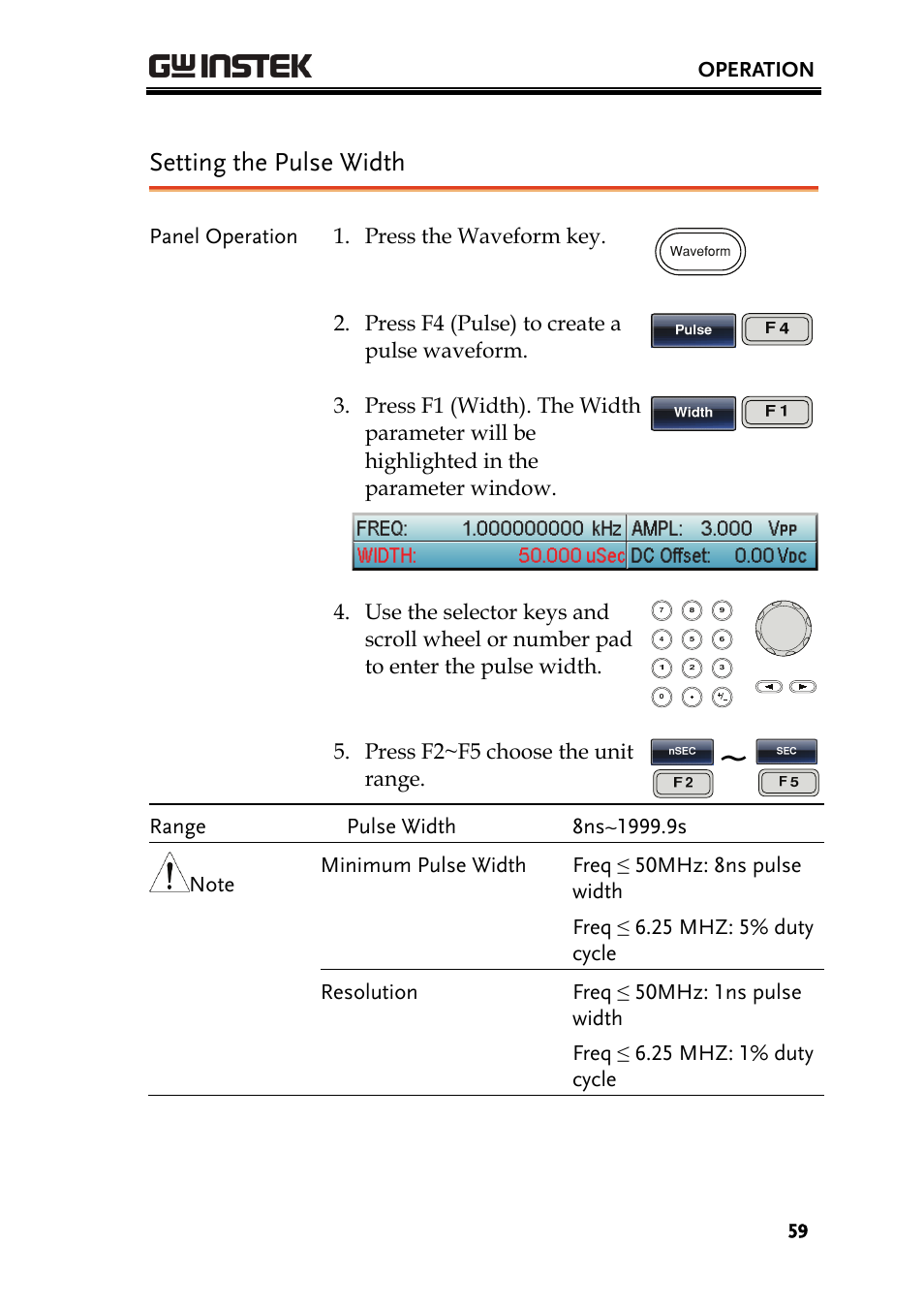 Setting the pulse width | GW Instek AFG-3000 Series User Manual | Page 59 / 304
