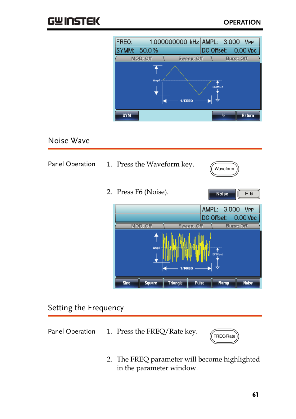 Noise wave, Setting the frequency | GW Instek AFG-3000 Series User Manual | Page 61 / 304