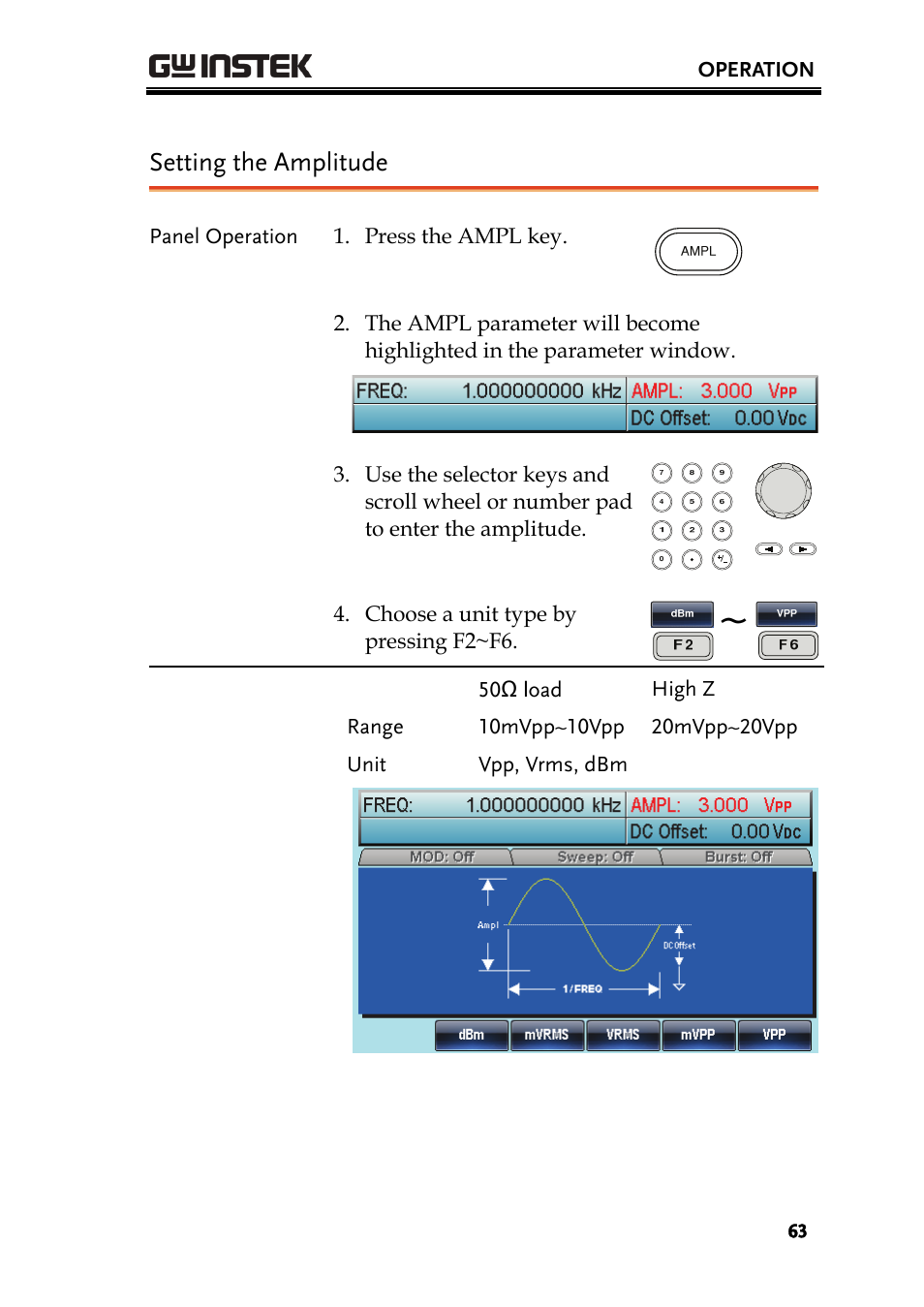 Setting the amplitude | GW Instek AFG-3000 Series User Manual | Page 63 / 304