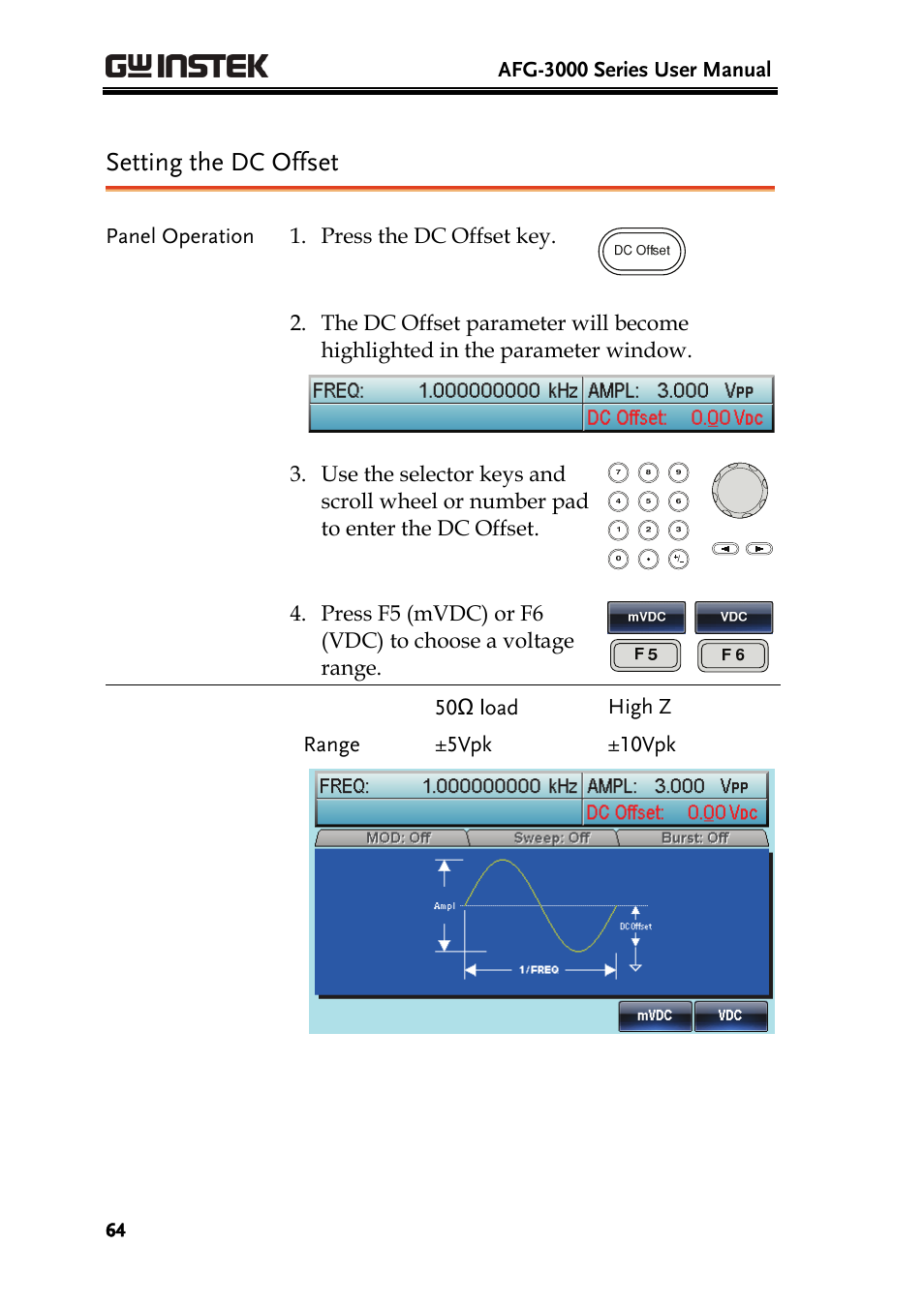 Setting the dc offset | GW Instek AFG-3000 Series User Manual | Page 64 / 304