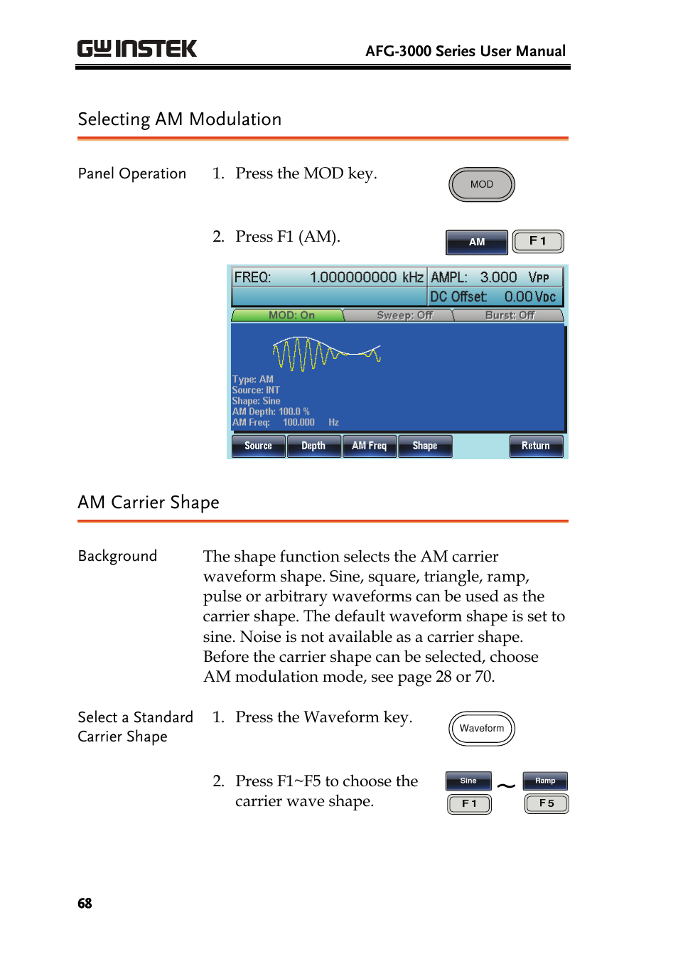 Selecting am modulation, Am carrier shape | GW Instek AFG-3000 Series User Manual | Page 68 / 304