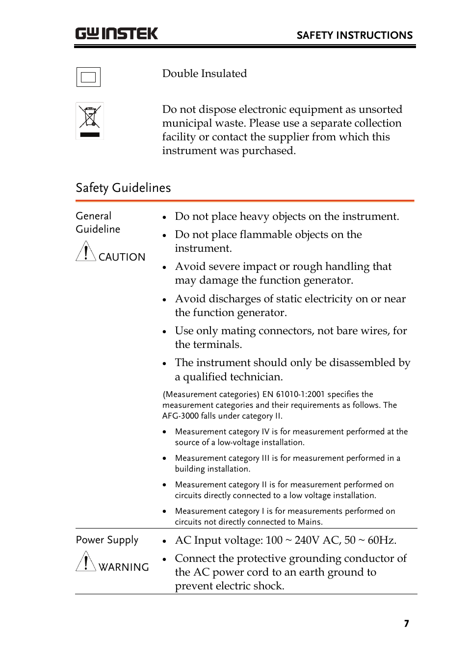 Safety guidelines | GW Instek AFG-3000 Series User Manual | Page 7 / 304