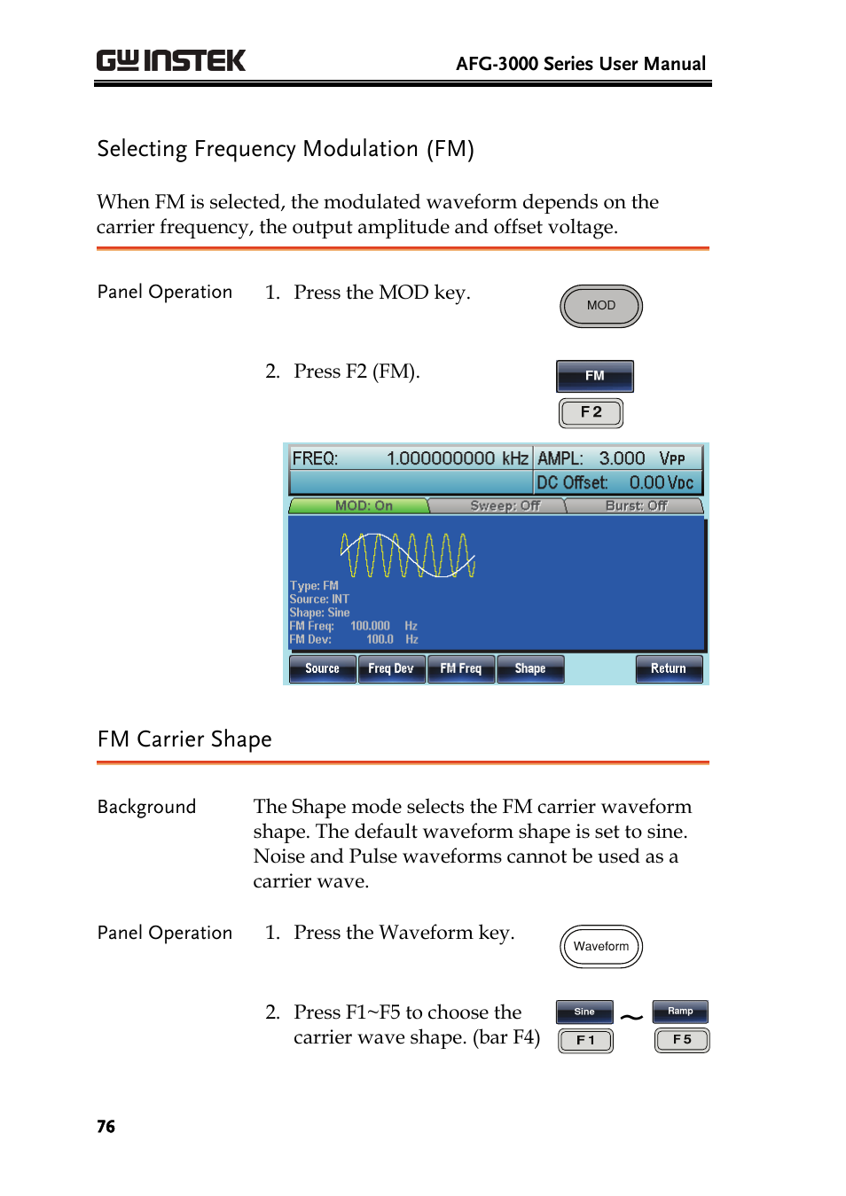 Selecting frequency modulation (fm), Fm carrier shape | GW Instek AFG-3000 Series User Manual | Page 76 / 304