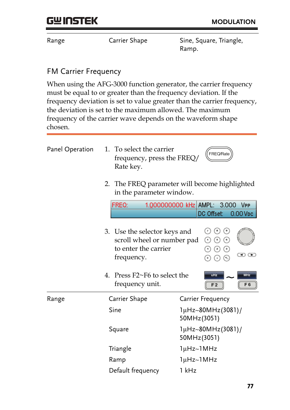 Fm carrier frequency | GW Instek AFG-3000 Series User Manual | Page 77 / 304