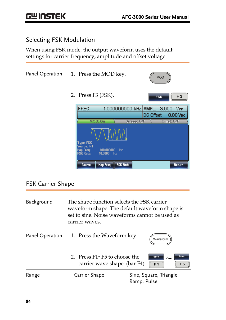 Selecting fsk modulation, Fsk carrier shape | GW Instek AFG-3000 Series User Manual | Page 84 / 304