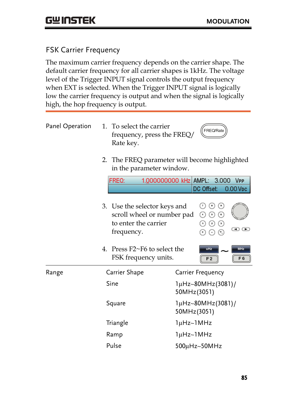 Fsk carrier frequency | GW Instek AFG-3000 Series User Manual | Page 85 / 304