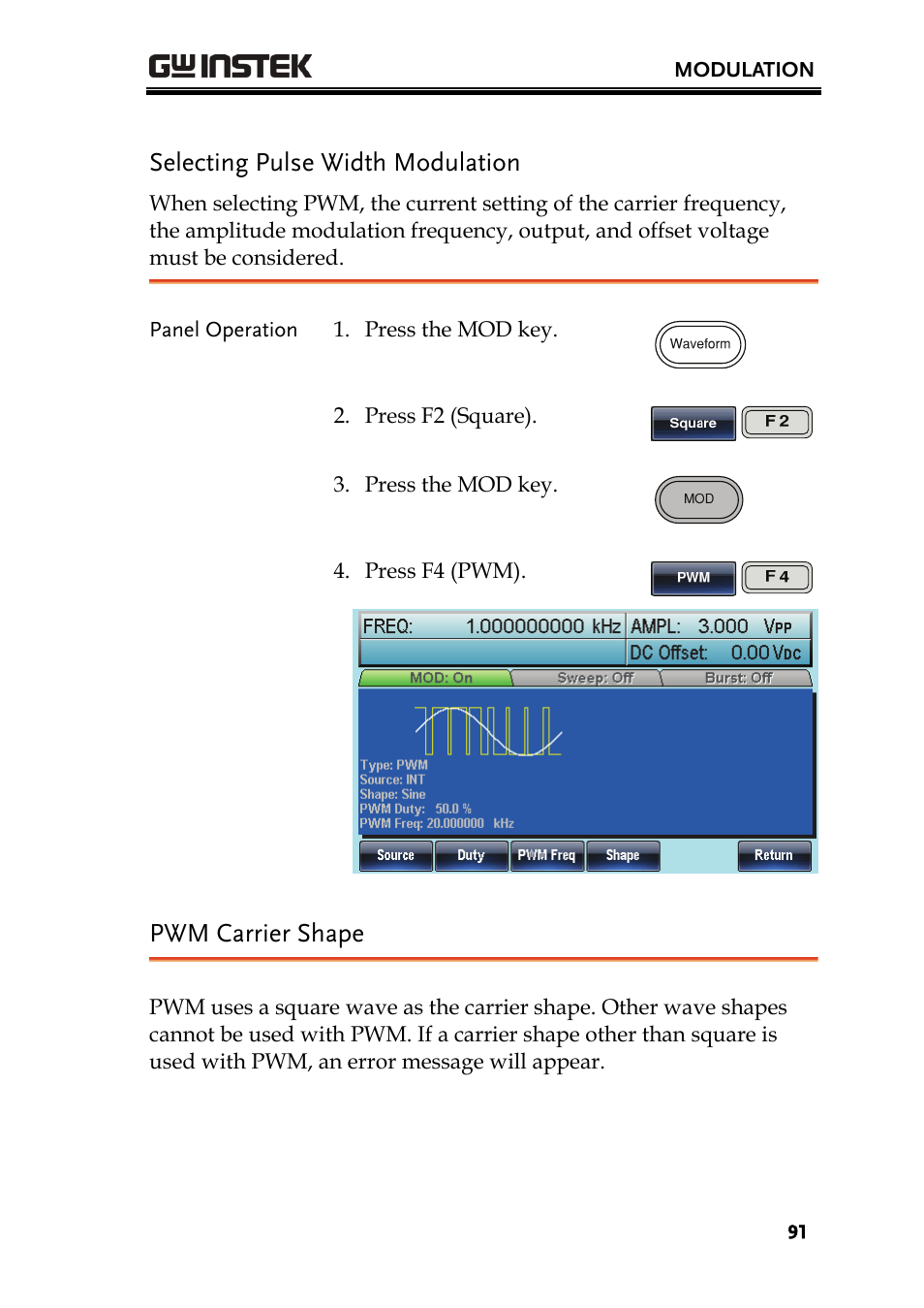 Selecting pulse width modulation, Pwm carrier shape | GW Instek AFG-3000 Series User Manual | Page 91 / 304