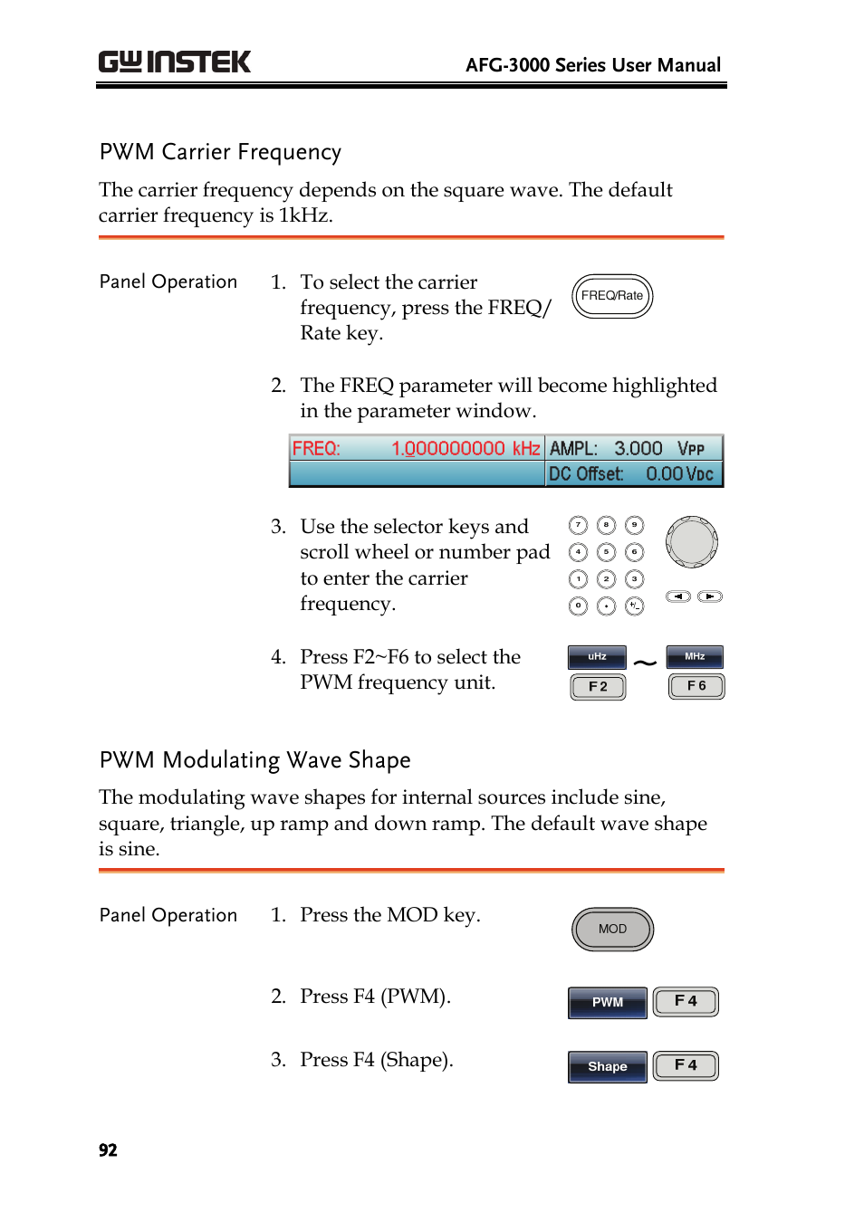 Pwm carrier frequency, Pwm modulating wave shape | GW Instek AFG-3000 Series User Manual | Page 92 / 304