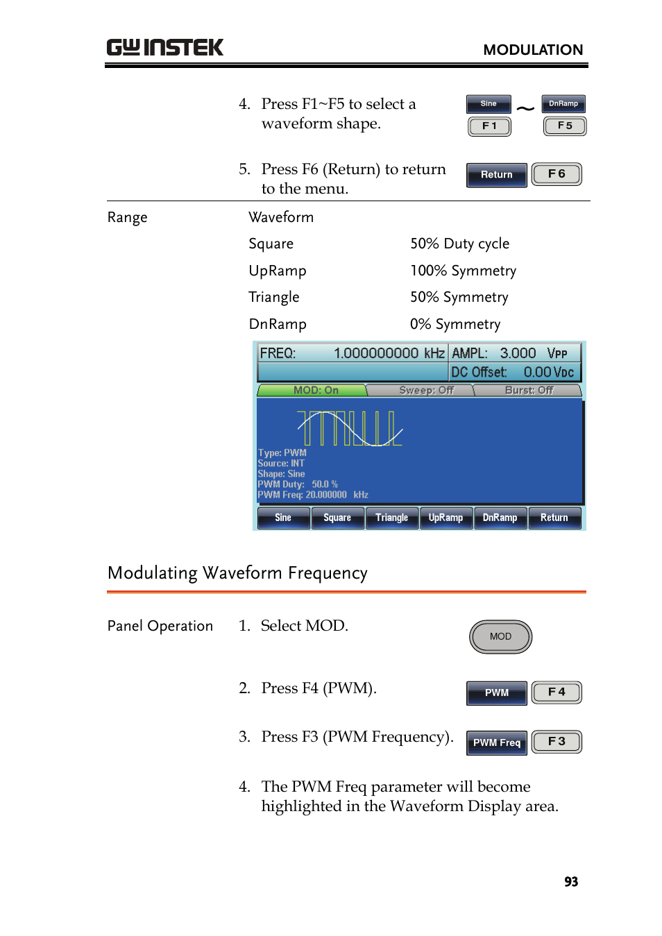 Modulating waveform frequency | GW Instek AFG-3000 Series User Manual | Page 93 / 304
